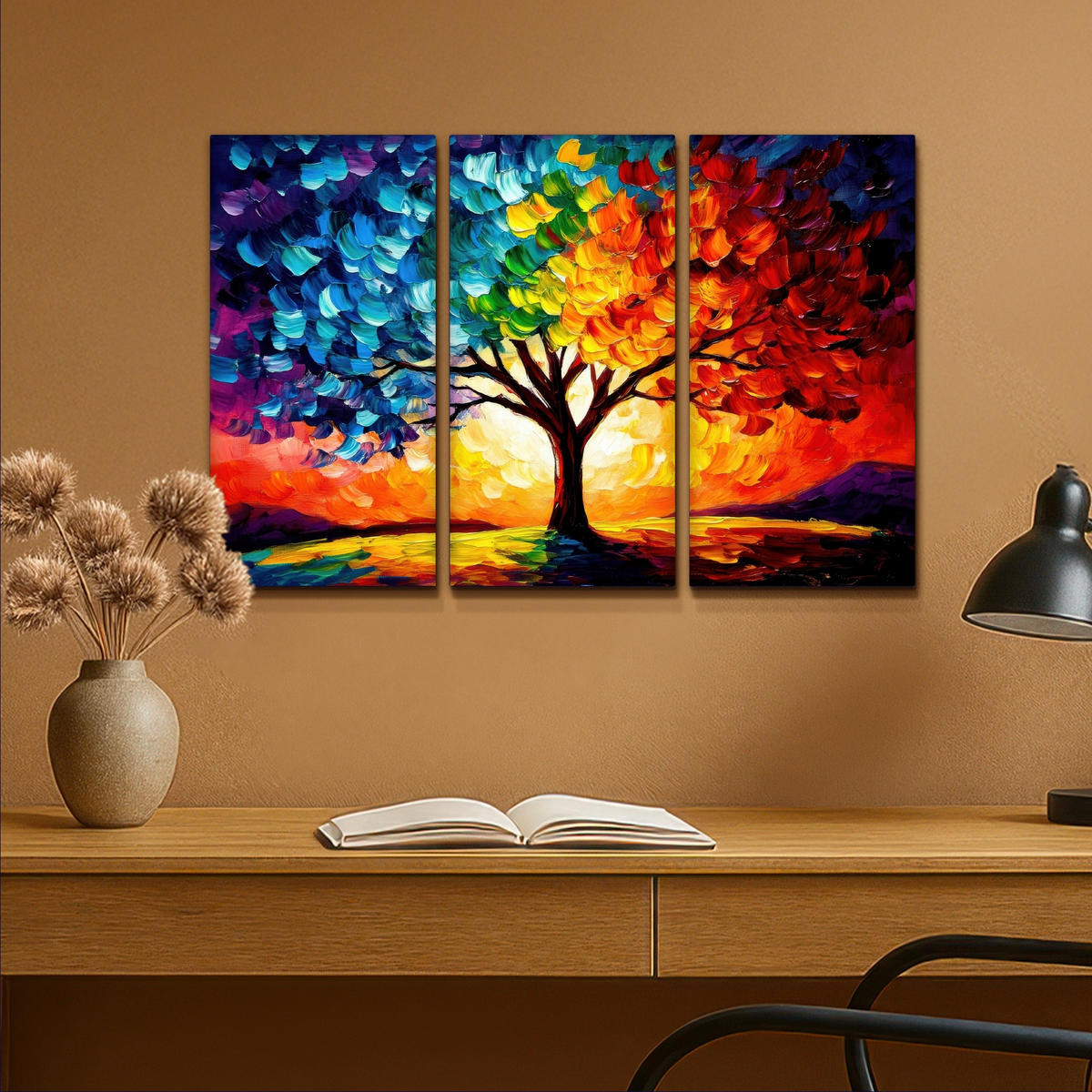 LEINWANDBILD 3er Set Baum - Farbenfroh - Malerei-Look - Abstrakt 90x60 cm - Multicolor, Textil (90/60cm) - MuchoWow