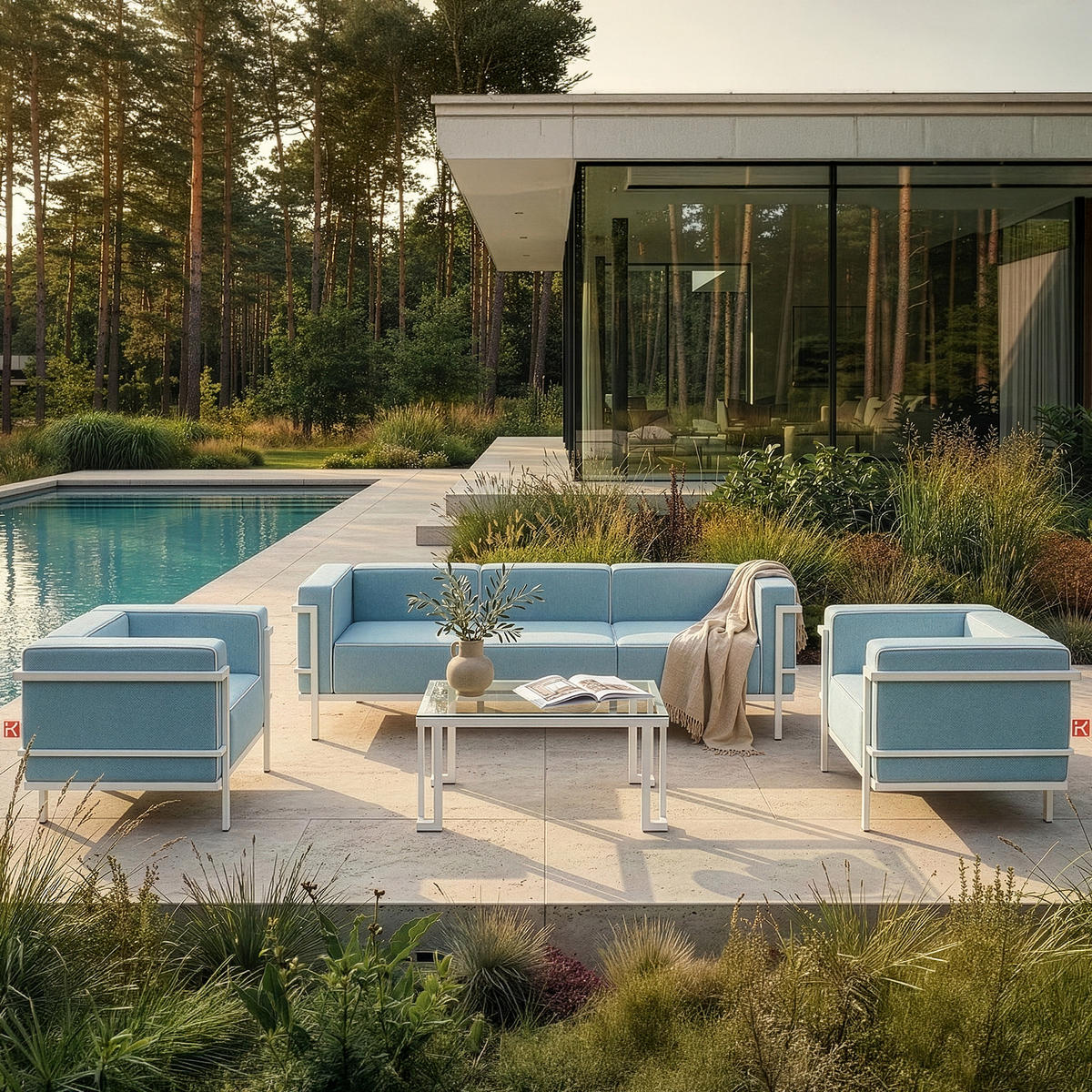 GARTENSOFA TRIGLO 3-Personen, Stahlrahmen, Modern, Weiß - Blau/Weiß, Textil/Metall (229/70/69cm) - KONSIMO®