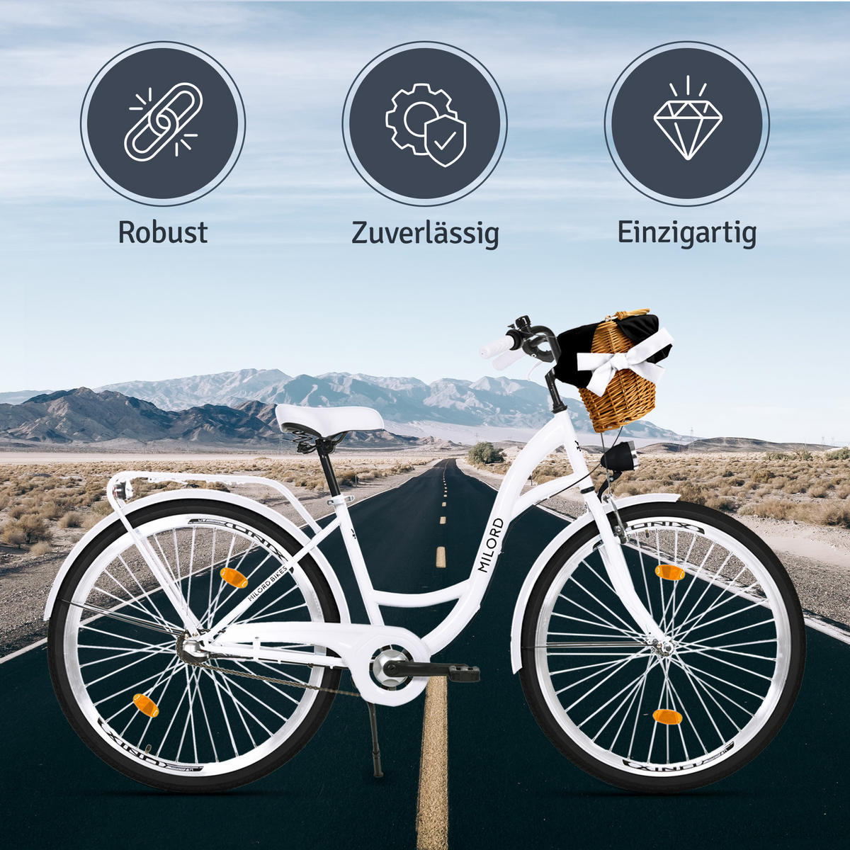 CITY-FAHRRAD Milord mit Weidenkorb, 28 Zoll, Weiß, 3-Gang - Weiß, Metall (46cm) - Milordbikes