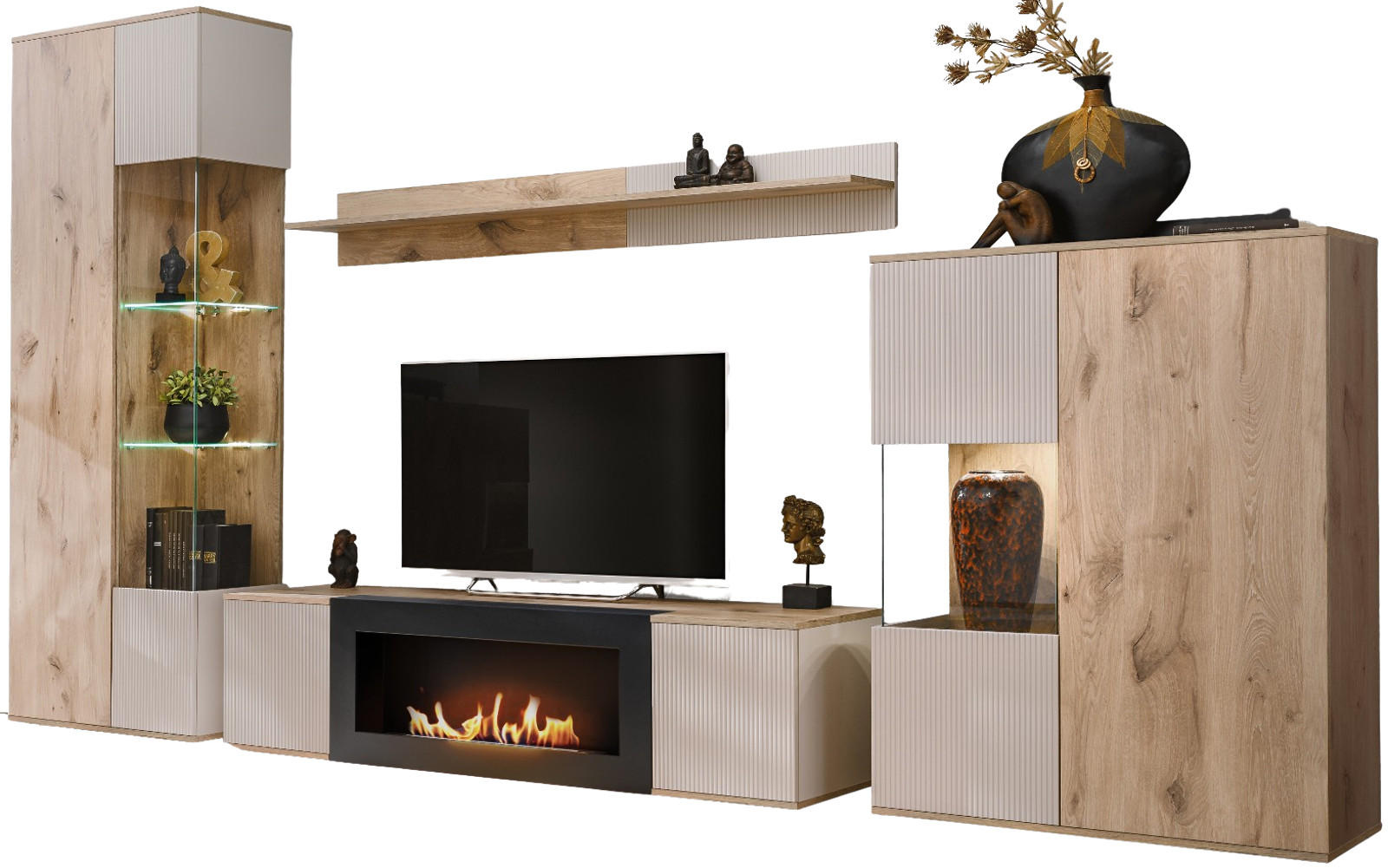 WOHNWAND Eiche, Kaschmir 4-teilig 350 cm, Schrankwand mit Kamin, inkl. Beleuchtung - Kaschmir/Eichefarben, Glas/Holzwerkstoff (350/197/45cm) - Inn.Furn