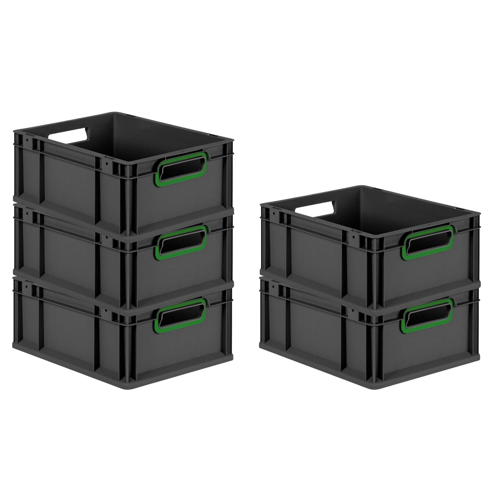 EUROBOX 5x NextGen Color 17x30x40 cm 16 Liter Griffe grün offen, Schwarz - Schwarz/Grün, Kunststoff (30/17/40cm) - PROREGAL