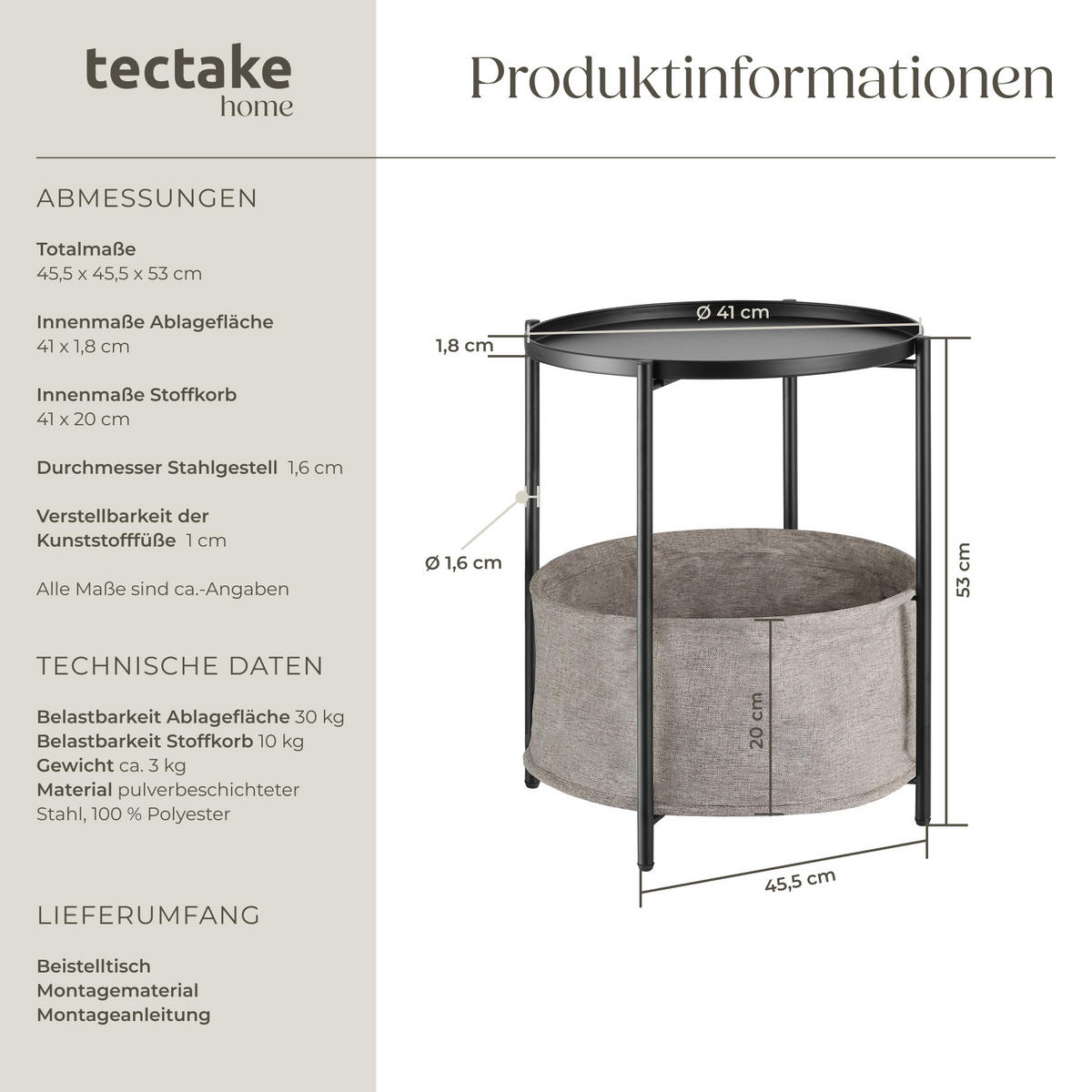 BEISTELLTISCH Canterbury,45,5 x 45,5 x 53 cm,schwarz - Schwarz, Textil (45.5/45.5/53cm) - tectake