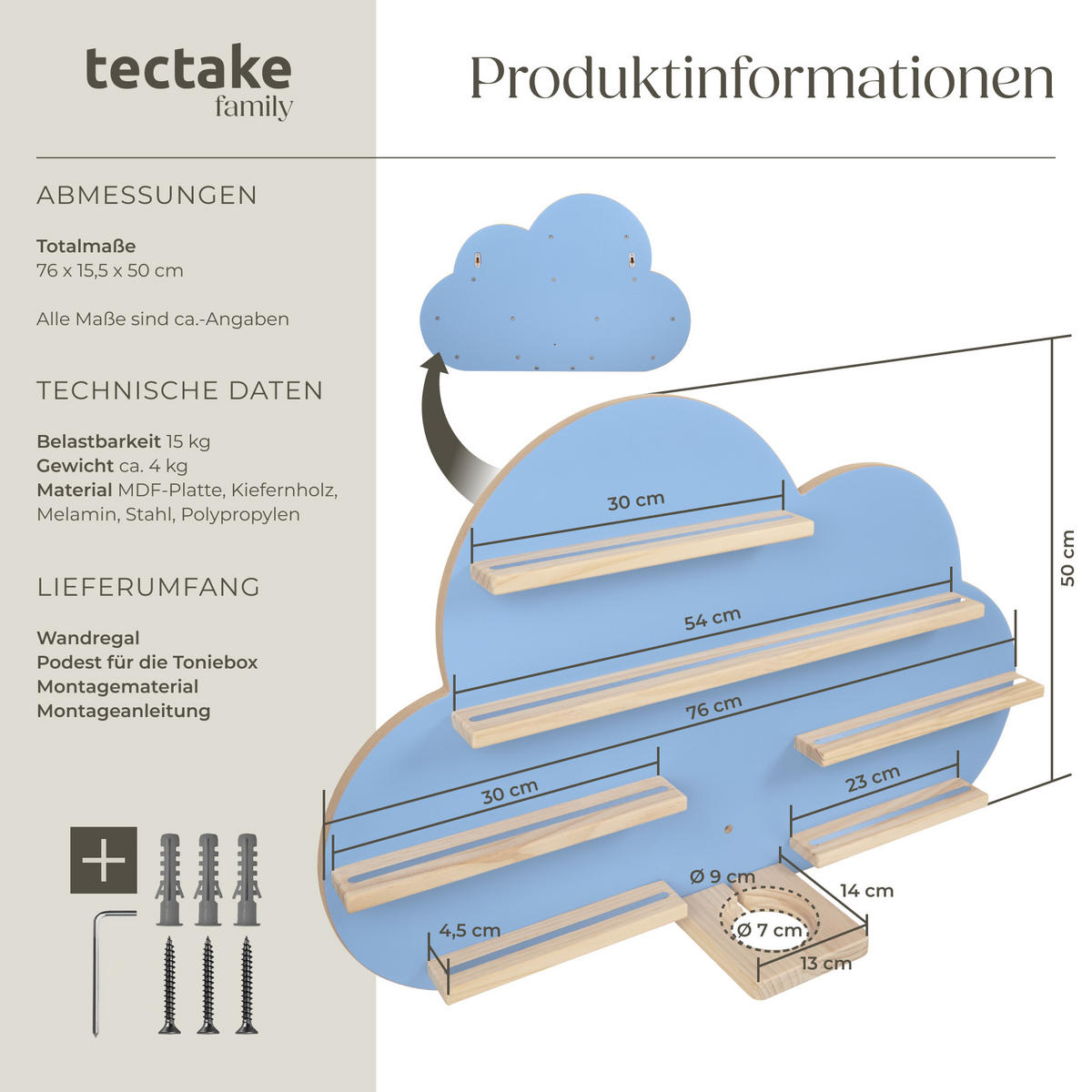 WANDREGAL Mylittlestory Cloud,76 x 15,5 x 50 cm, blau - Blau, Holz (76/50/15.5cm) - tectake