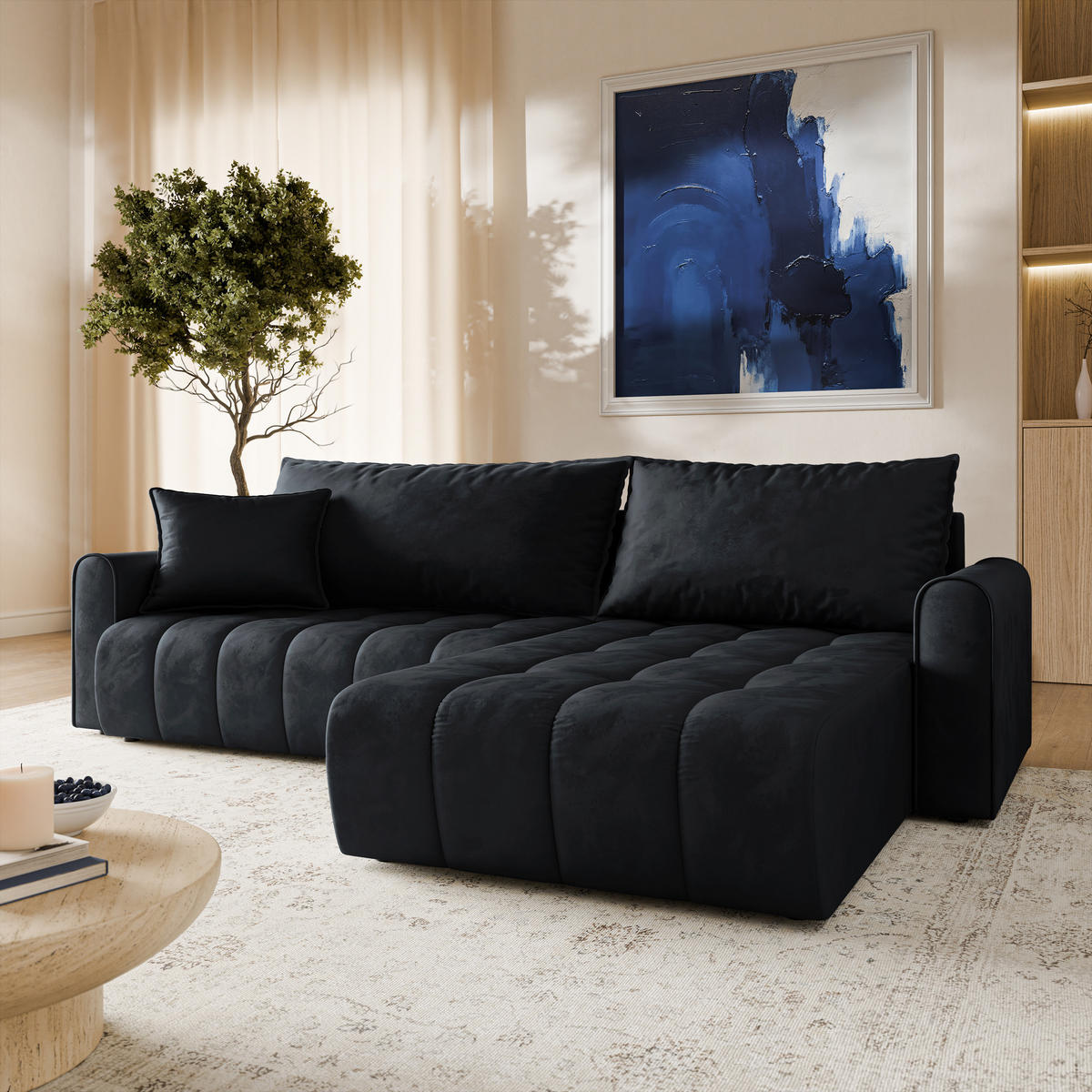 ECKSOFA FRIGA Schwarz Velours-Stoff mit Schlaffunktion - Schwarz, Holz (283/185cm) - MASSENO
