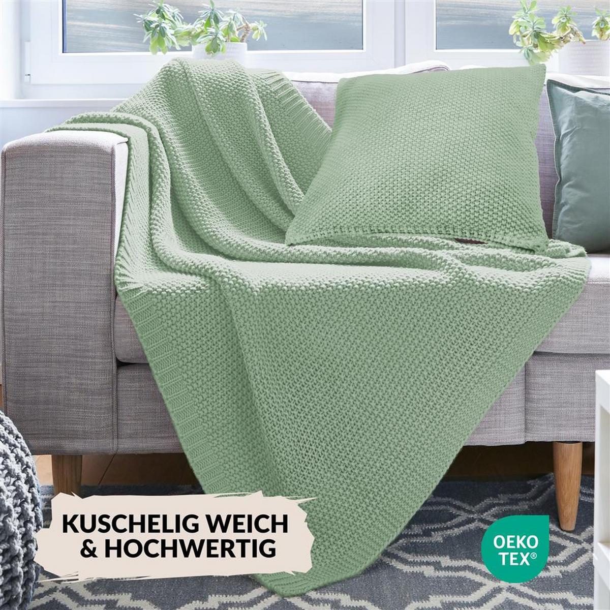 STRICKDECKE 130x170 cm, Kuscheldecke aus 100% Polyacryl, Flauschige Wohnzimmer Wohndecke für Sofa, Bett, Couch - Salbei Grün - Grün, Textil (130/170cm) - Carpe Sonno