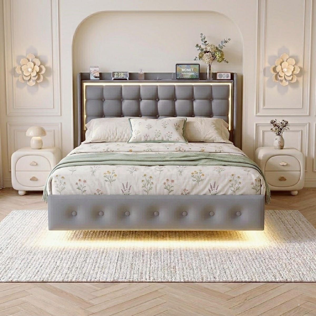 POLSTERBETT 140x200 cm - Polsterbettgestell mit LED-Kopfteil, USB-Anschlüssen und Lattenrost, Erwachsenen- und Jugendbett - Grey - Grau, Holzwerkstoff (140/200cm) - Brevoria