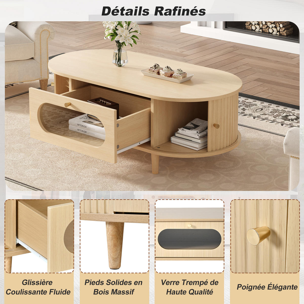 COUCHTISCH 100/50/36 cm holzfarben aus MDF mit Schublade und Rollladentüren - Eichefarben, Holzwerkstoff (100/50/36cm) - OKWISH