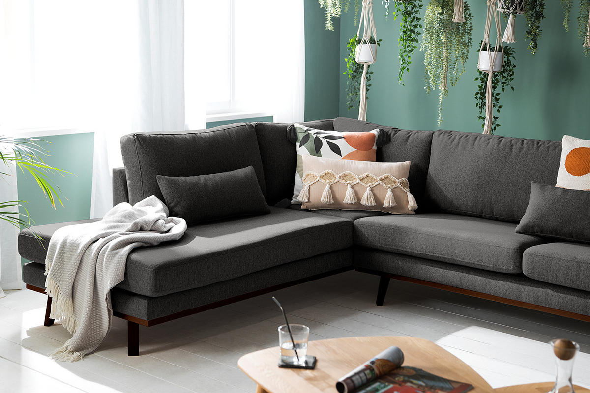 WOHNLANDSCHAFT mit Longchair - Dunkelgrau/Buchefarben, Textil (371/81/219cm) - home24