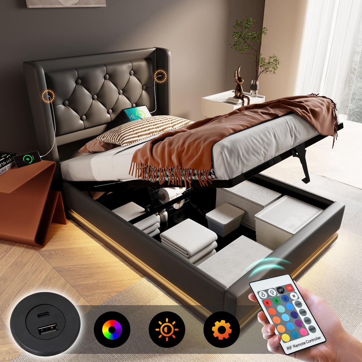 POLSTERBETT 90/200 cm in Schwarz mit USB-Typ-C-Ladeanschluss und dreiseitiger LED-Beleuchtung - Schwarz, Leder (90/200cm) - Oxeza