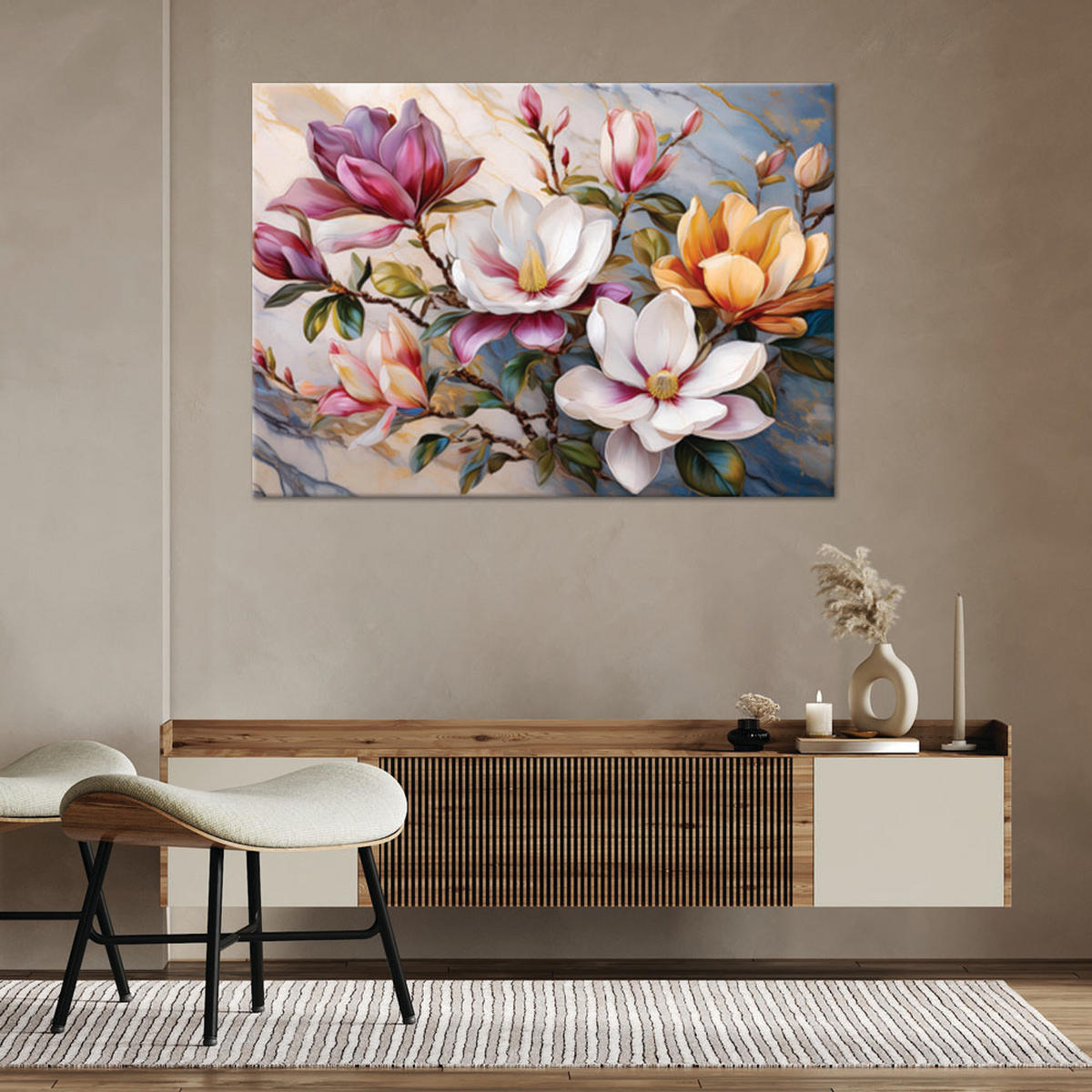 WANDBILD magnolien bunte blumen marmor - Multicolor, Textil (60/40cm) - Feeby