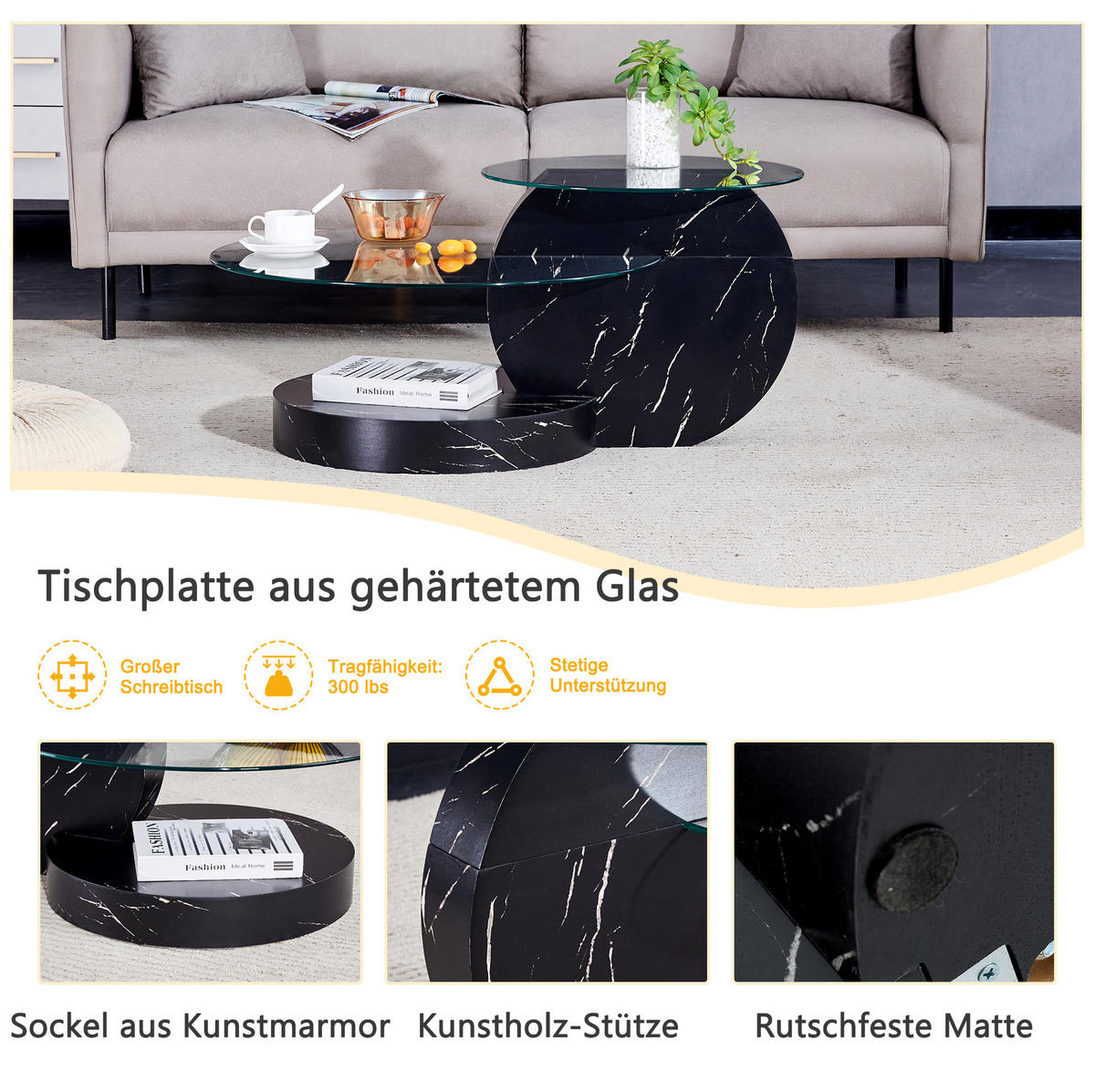 COUCHTISCH 69.8/49.8 cm schwarz aus MDF und Glas mit mehrstufiger Ablage - Transparent, Holzwerkstoff (89.9/69.9/43.2cm) - OKMYHOME