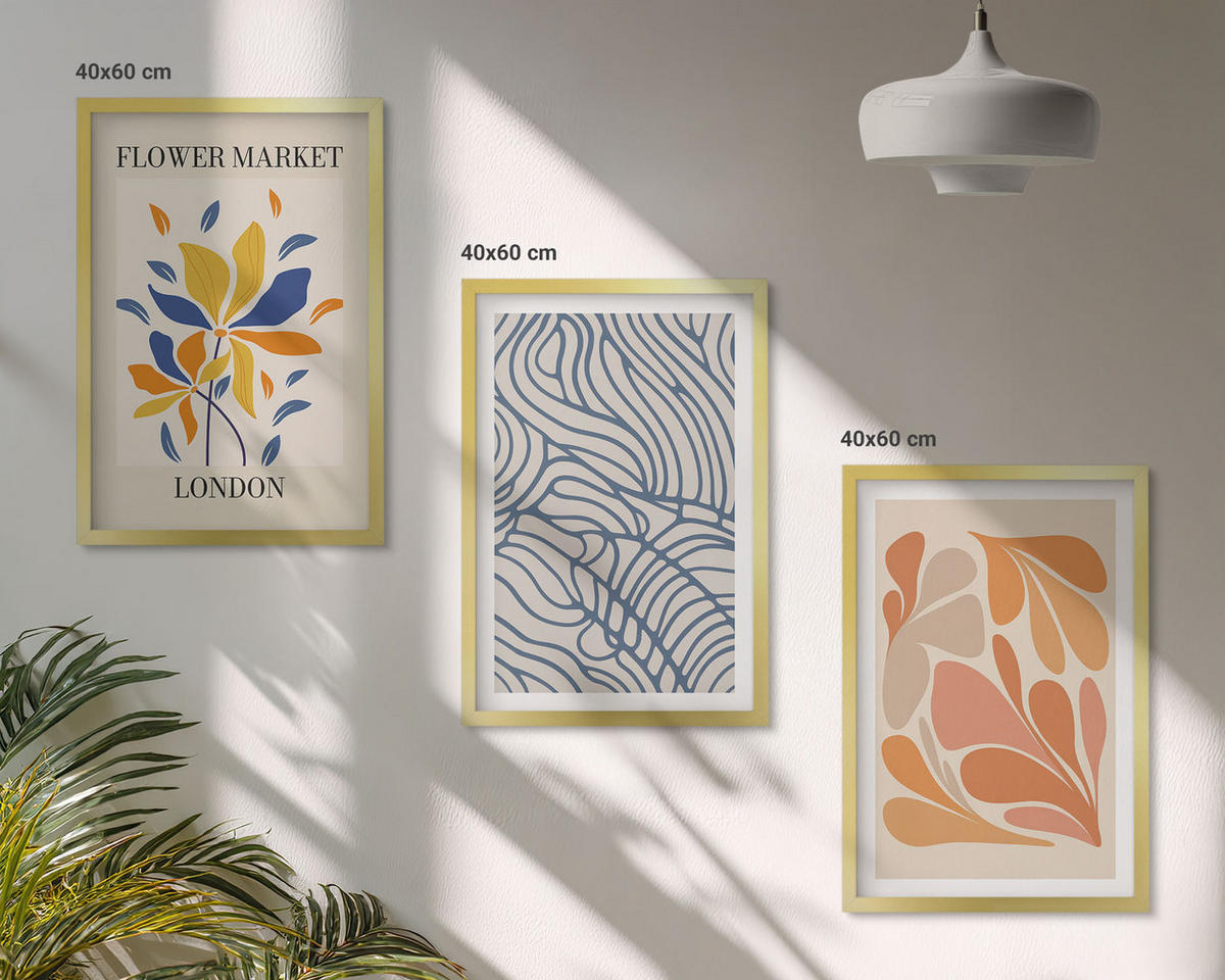 WANDBILDER 3er Set - 40x60 cm Goldrahmen - Moderne abstrakte Blumen - Goldfarben, Kunststoff (40/60cm) - ArtPrintCave