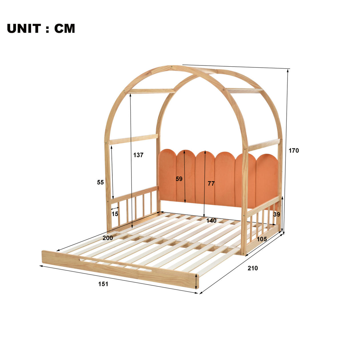 KINDERBETT aus Kiefer und MDF 140x200 cm Natur/Orange ausziehbar mit Dachrahmen, Kissen und 3-seitigem Schutz - Naturfarben, Holzwerkstoff (140/200cm) - Modfu