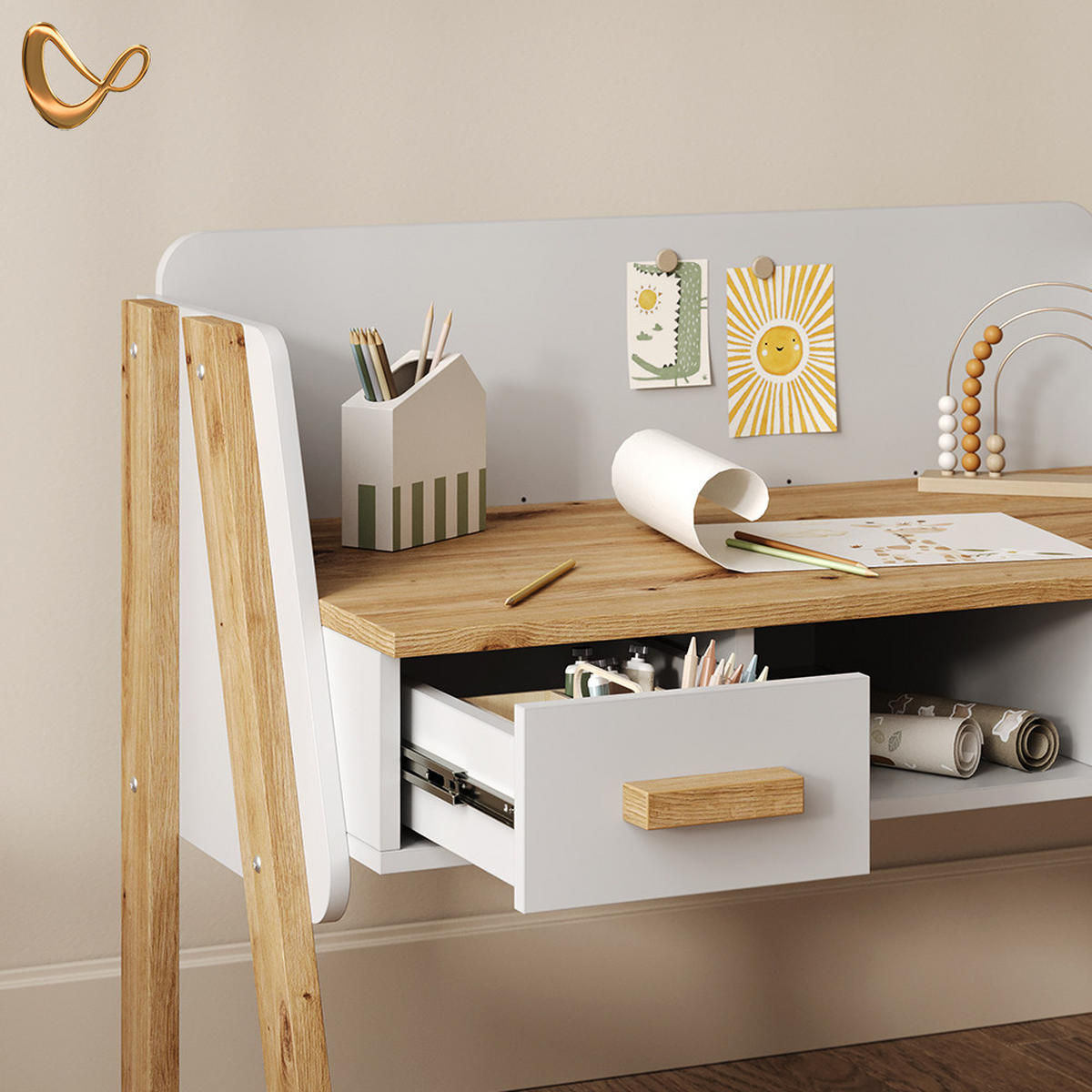 SCHREIBTISCH Mailo Weiß/Artisan 97 x 80 cm - Weiß/Eiche Artisan, Holzwerkstoff (51/97/80cm) - Livinity®