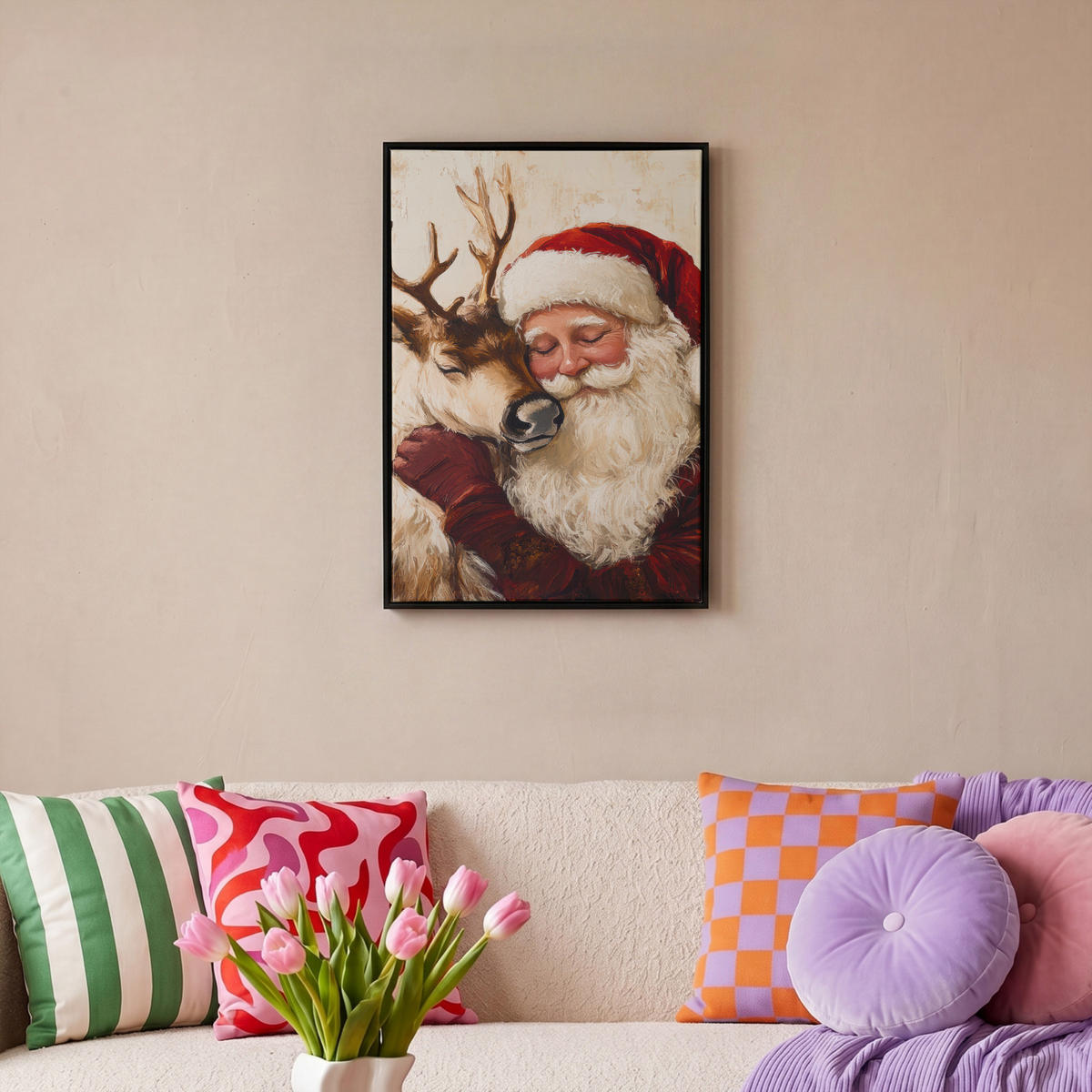 LEINWAND Bilder mit Rahmen - Weihnachtsmann - Rentier - Weihnachten - 40x60 - Rotbraun, Textil (40/60cm) - MuchoWow