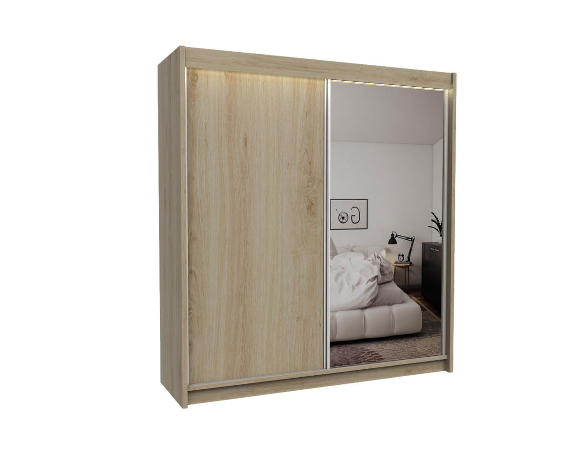 KLEIDERSCHRANK mit Spiegel-Schiebetüren und Aluminium-Leisten, LED-Beleuchtung - PARTI - 200 cm Braun - Braun, Holzwerkstoff (200/216/61cm) - ALTDECOR