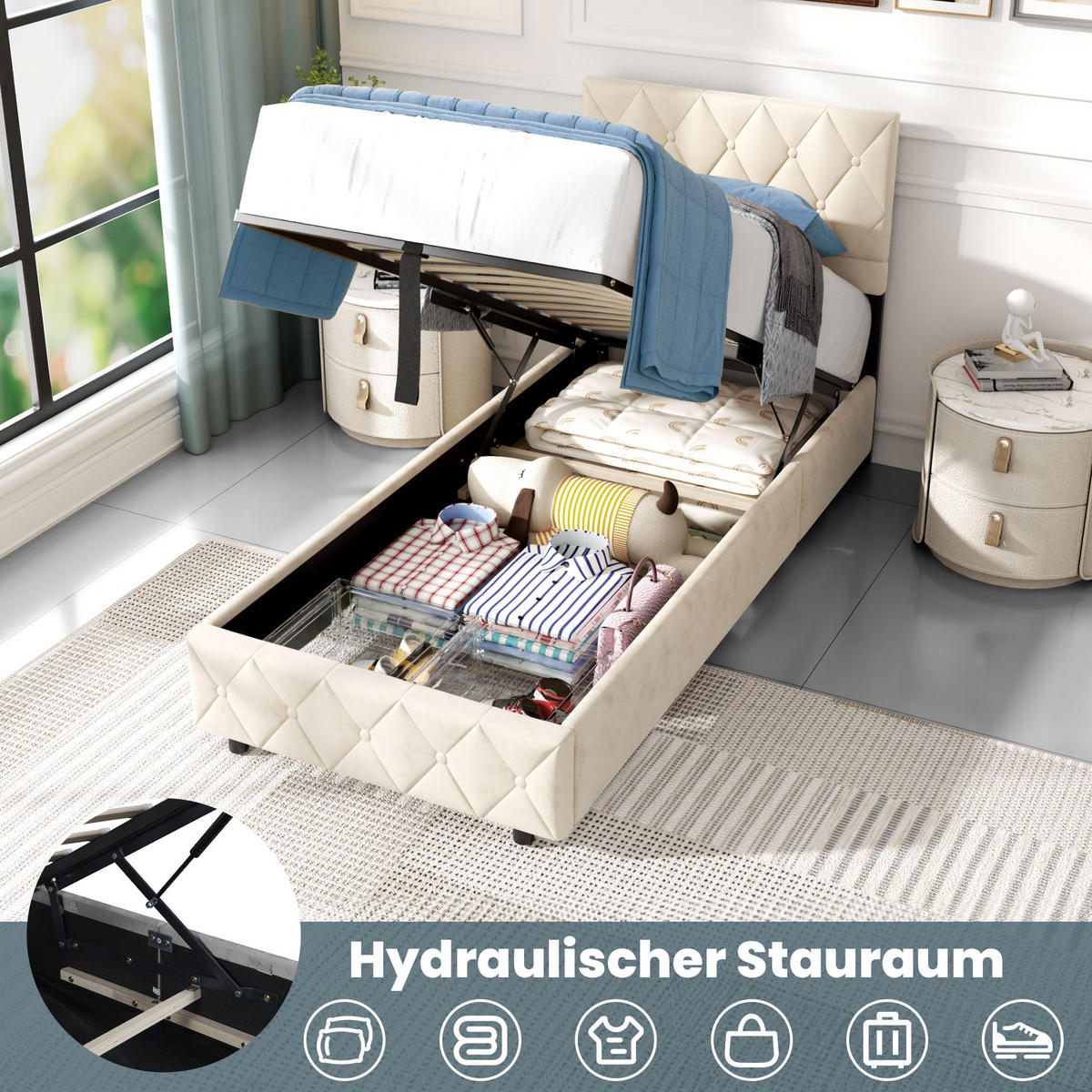 POLSTERBETT 90/200 cm mit hydraulischem Stauraum aus Samt, Beige - Beige, Textil (90/200cm) - Redom