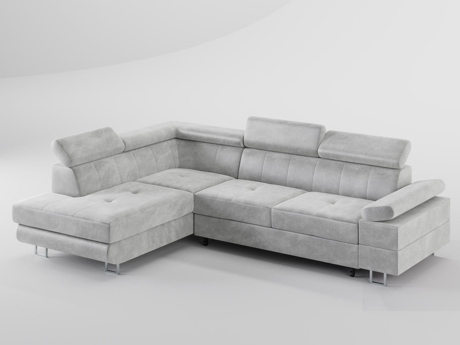 ECKSOFA CAROLINE Links Grau Velours-Stoff mit Schlaffunktion und Bettkasten - Chromfarben/Grau, Textil (253/190cm) - Barchello