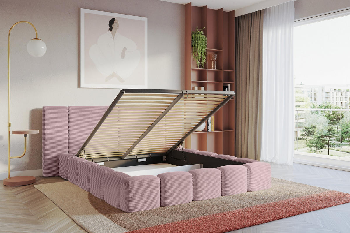POLSTERBETT mit Bettkasten und Lattenrost, Bett mit Matratze H3/H4 - NILO 140x200 Rosa - Rosa, Holzwerkstoff/Textil (140/200cm) - ALTDECOR
