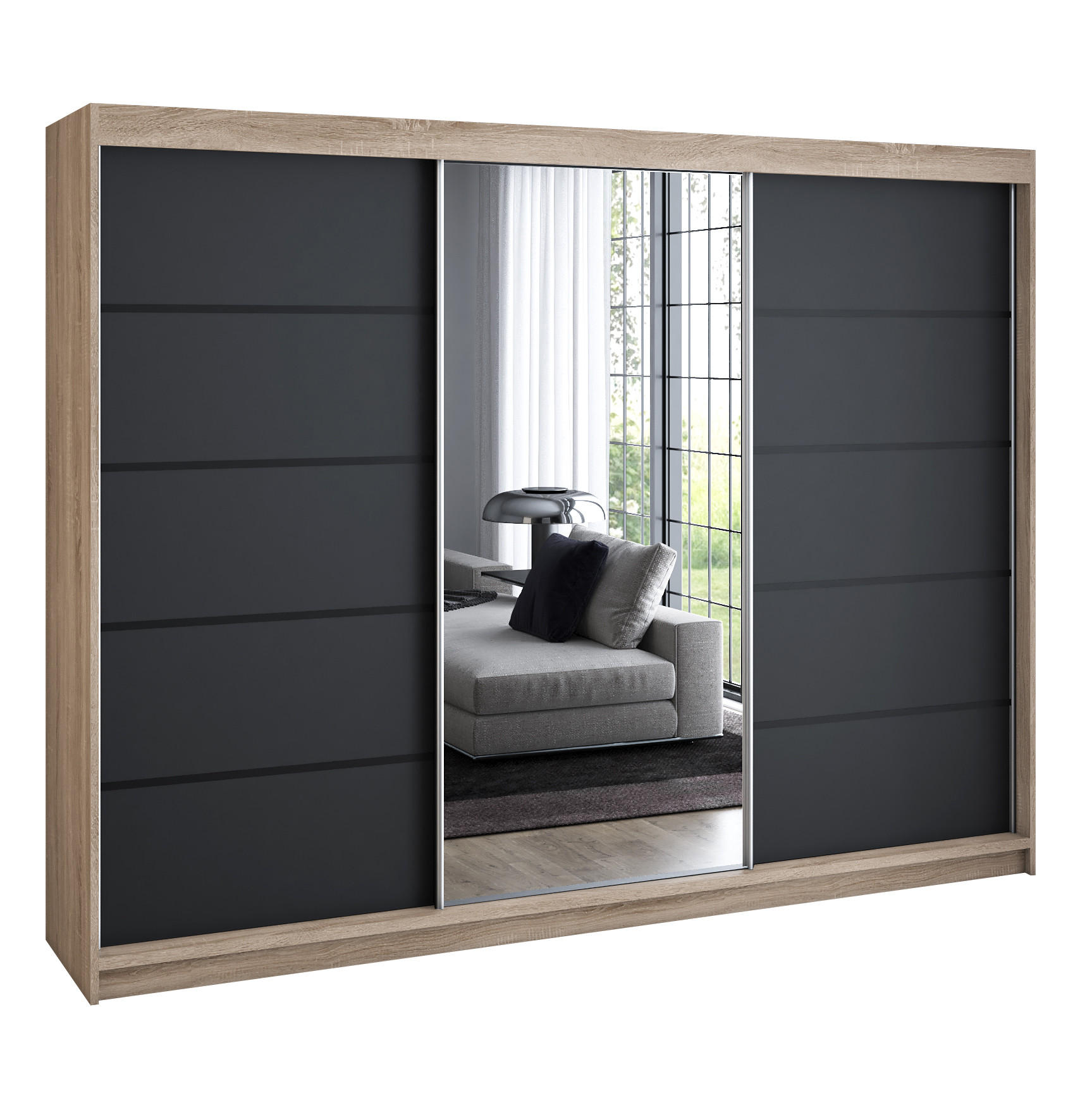 A&J MöbelLand Schwebetürenschrank Braun, Schwarz 200x215x59.5 cm