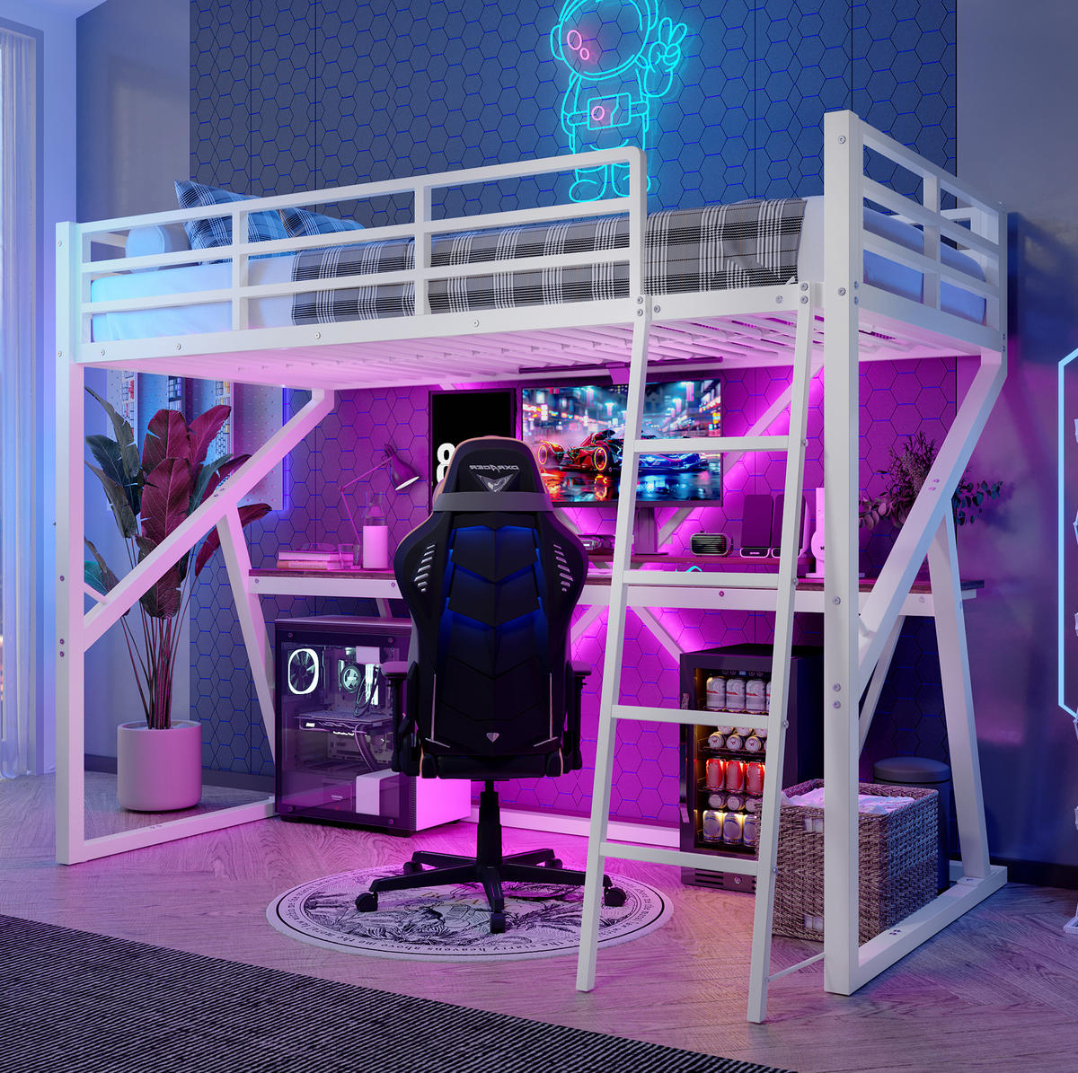 HOCHBETT 90/200 cm Weiß mit LED-Beleuchtung und Schreibtisch aus Eisenrahmen - Weiß, Metall (90/200cm) - OKWISH