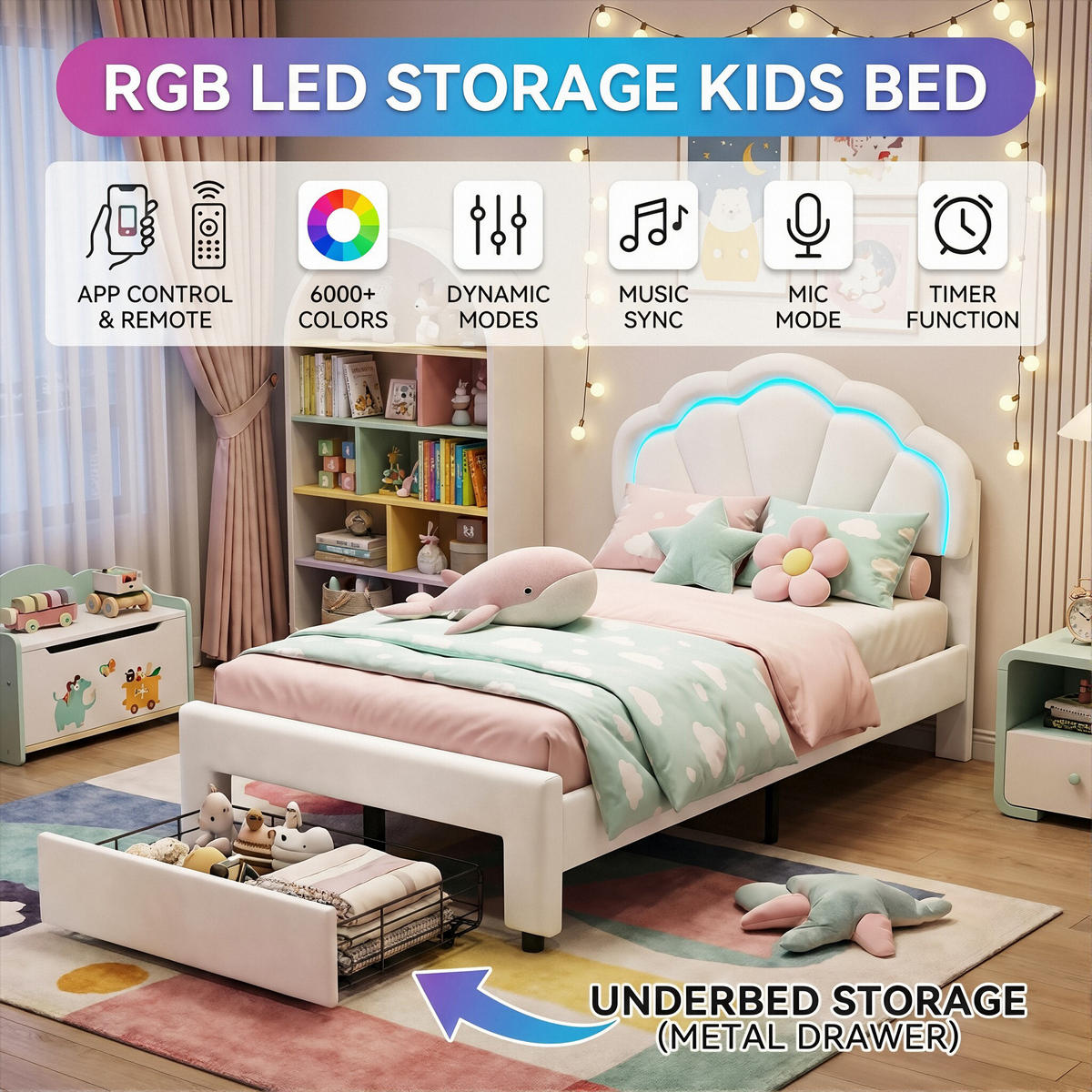 POLSTERBETT Modern mit RGB-LED & Metallschemel 90/200 cm Samt Weiß - Weiß, Textil (90/200cm) - Creahappy