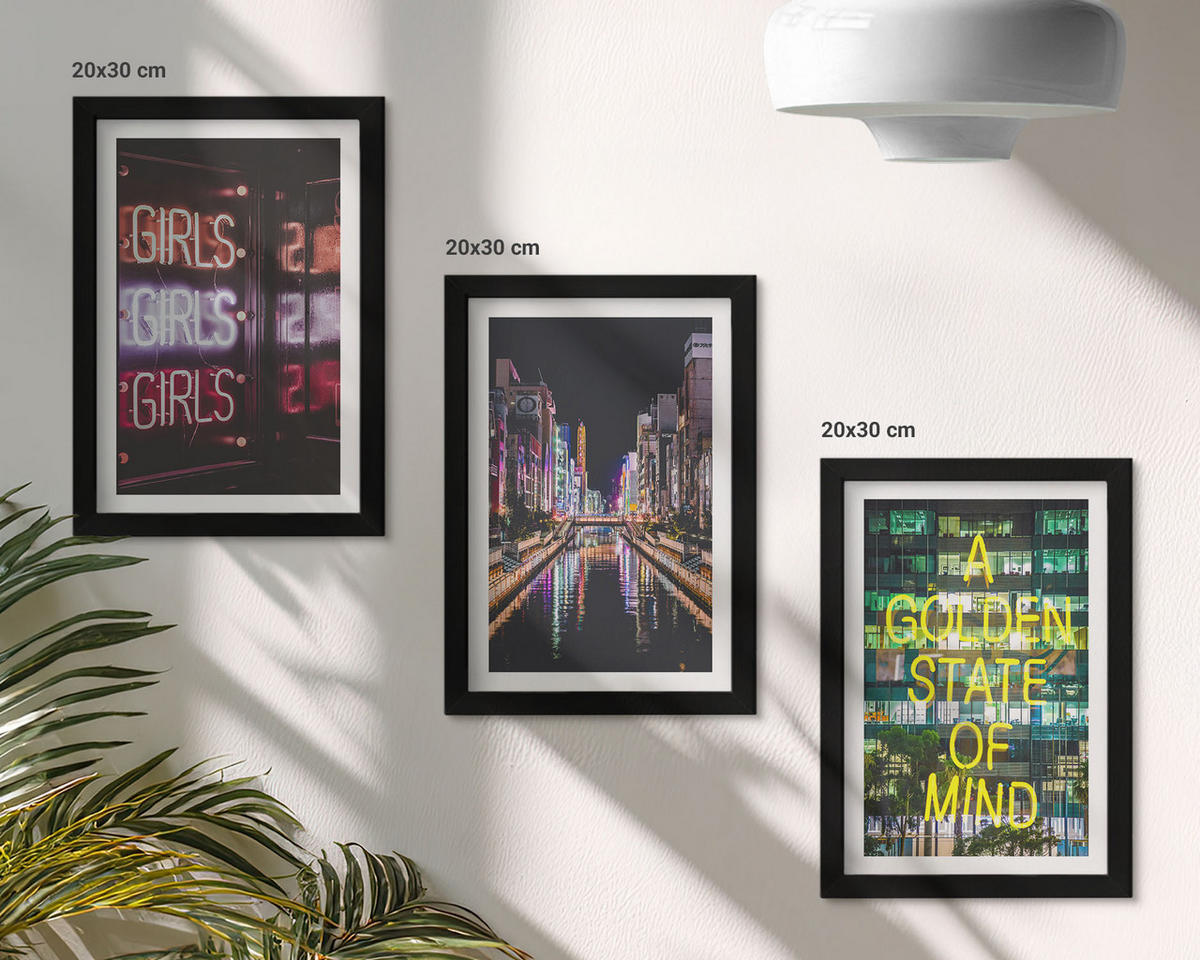 WANDBILDER 3er-Set - 20x30 cm Schwarzer Rahmen - Neonlichter am Fluss bei Nacht - Schwarz, Kunststoff (20/30cm) - ArtPrintCave