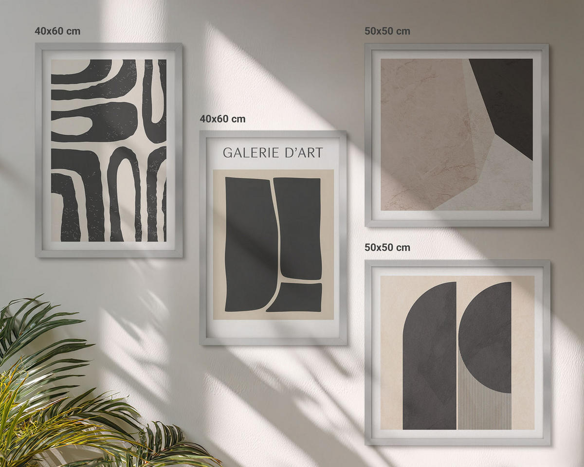 WANDBILDER 4er Set - 50x50 cm & 40x60 cm Silberner Rahmen - Abstrakte minimalistische Poster - Silberfarben, Kunststoff (50/50cm) - ArtPrintCave