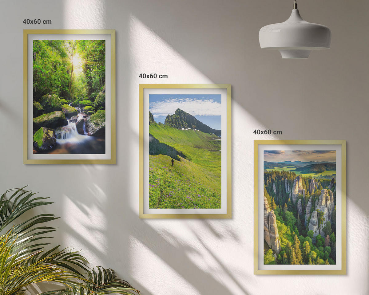 BILDER SET 3er Set - 40x60 cm Goldrahmen - Grüne Berge Wasserfallwald - Goldfarben, Kunststoff (40/60cm) - TULUP