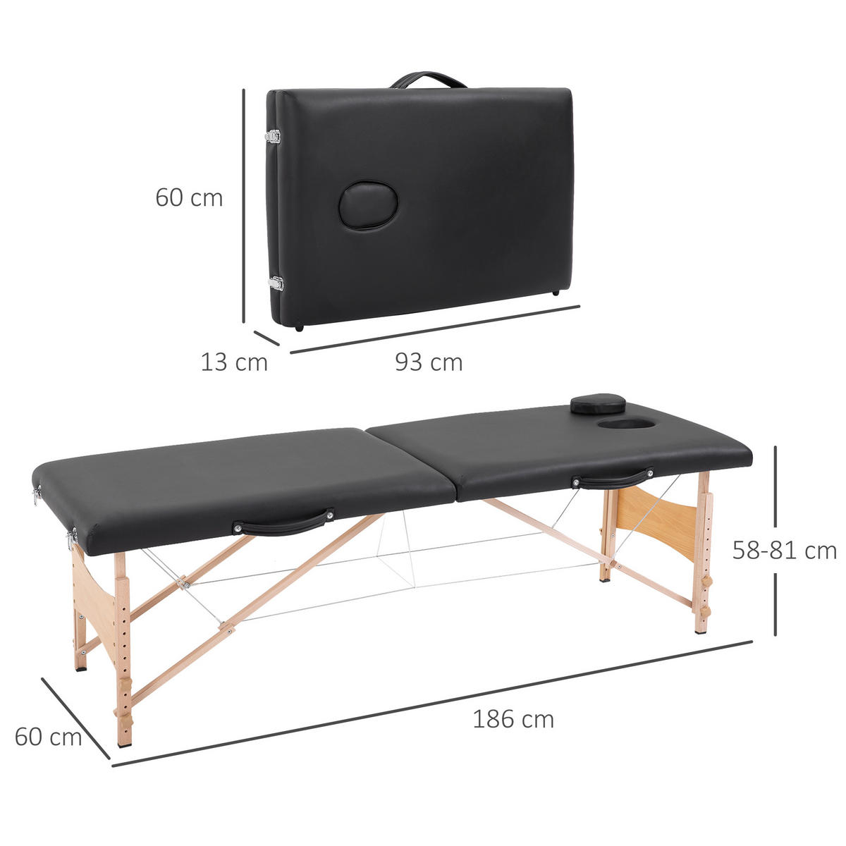 MASSAGELIEGE Mobiler Massagetisch Höhenverstellbar Kosmetik Bank Holz Schwarz - Schwarz, Kunststoff (60/58/186cm) - HOMCOM