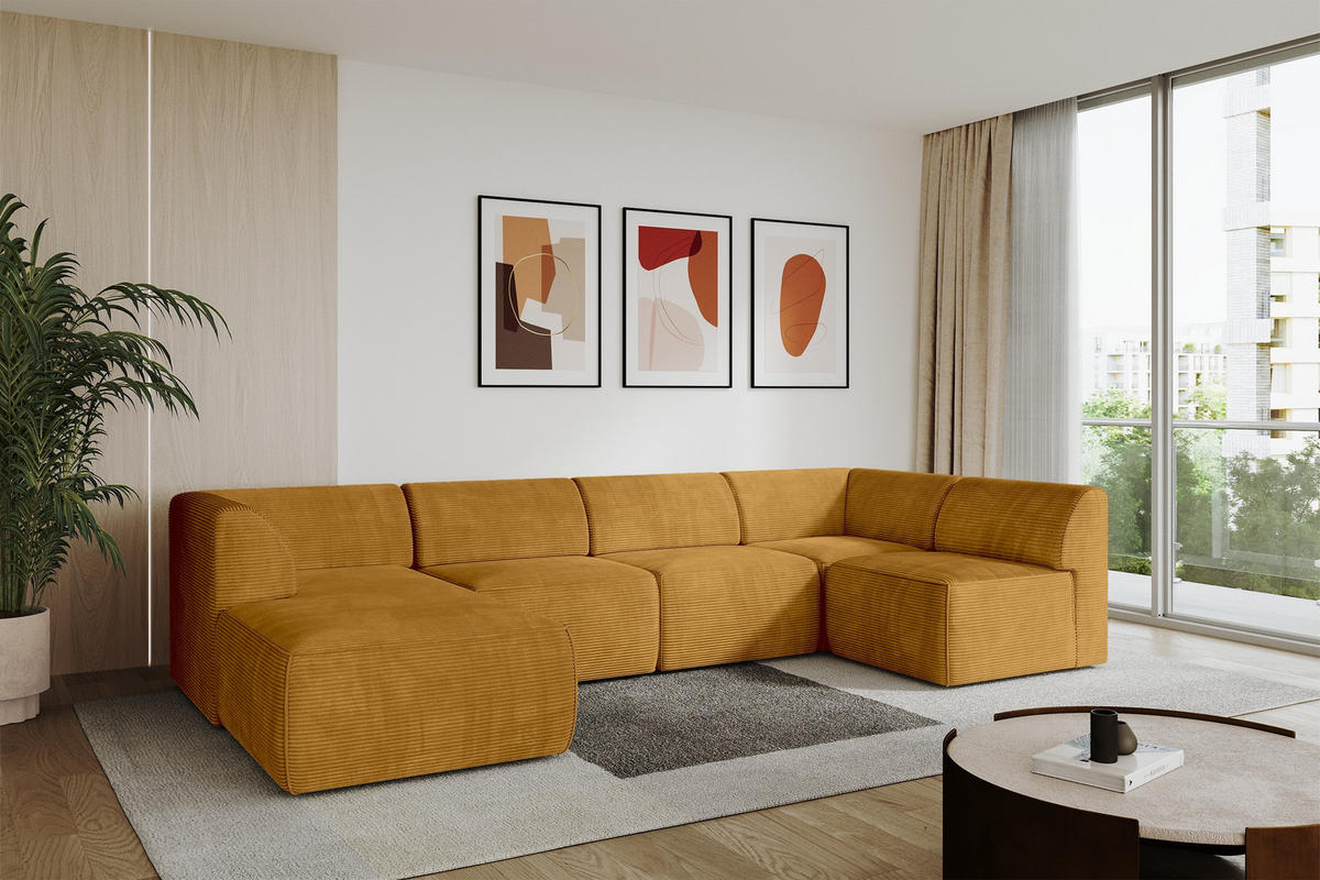 WOHNLANDSCHAFT Ottomane Links MOVA 345x180x78 Senfgelb Cord - Currygelb/Dunkelgelb, Holzwerkstoff/Kunststoff (180/78/345cm) - ALTDECOR
