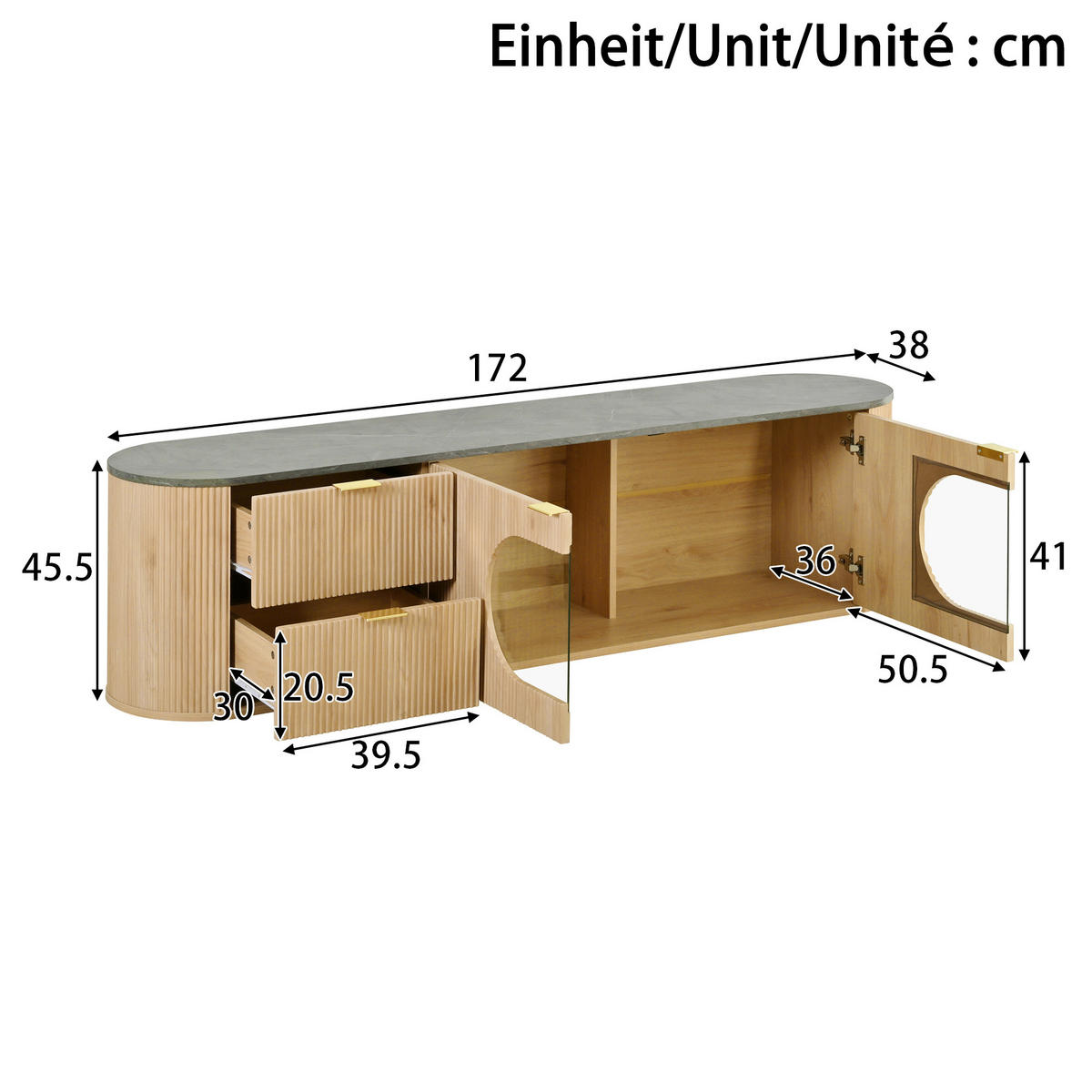 LOWBOARD in Naturfarben TV-Schrank mit vertikalen 3D-Streifen für Wohnzimmer, B172/T38/H45.5 cm - Transparent/Naturfarben, Glas/Holzwerkstoff (172/45.5/38cm) - STILVORA