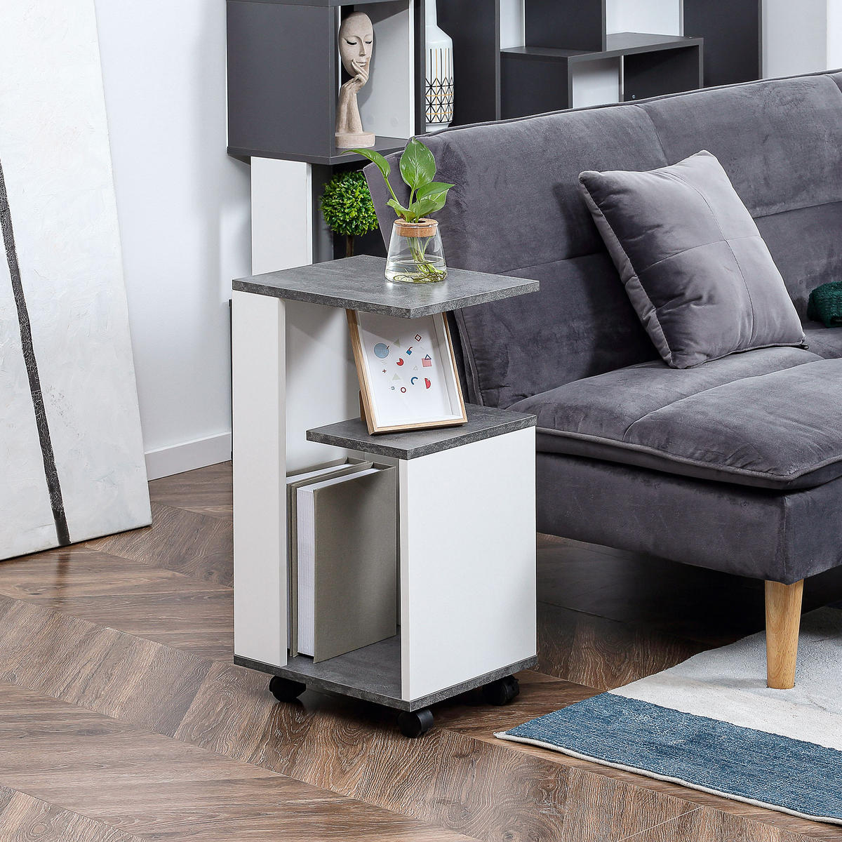 NACHTTISCH Couchtisch mit 360°-Rollen in modernem Design 3 Regale bis 10 kg Weiß - Weiß/Grau, Metall (29.5/65.5/35cm) - HOMCOM