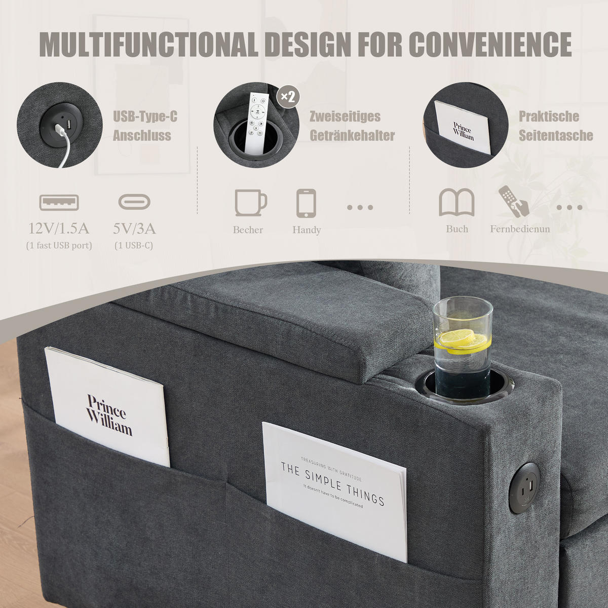 ECKSCHLAFSOFA 3-Sitzer Leinen mit USB-Anschluss und Stauraum Dunkelgrau 212,5/136/86 cm - Dunkelgrau, Textil (136/212.5cm) - Redom