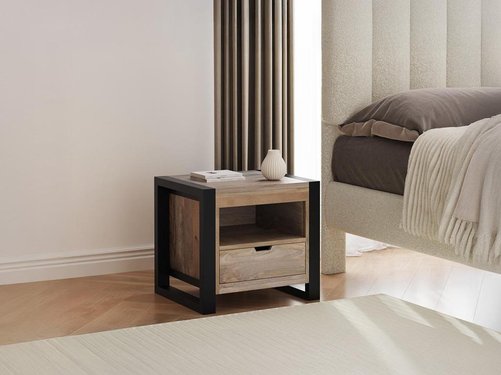 NACHTTISCH mit 1 Schublade & 1 Ablagefach - Mangoholz & Metall - Holzfarben & Schwarz - HARLEM II - Schwarz, Holz (40/45/50cm) - Vente-Unique
