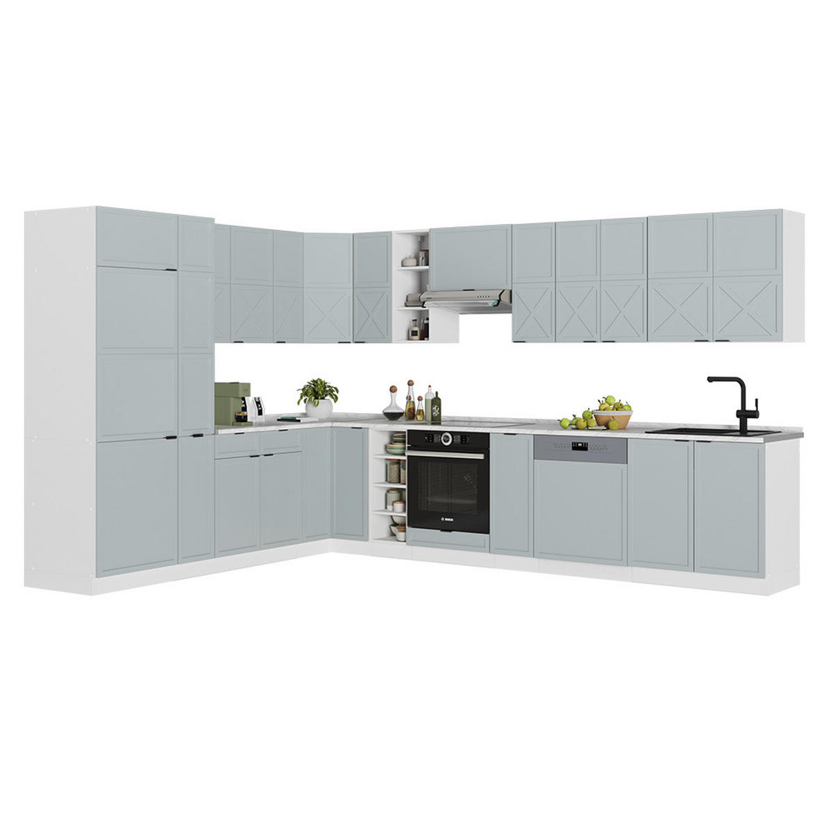 ECKKÜCHE Fame-Line Hellblau-grau/Weiß 347 x 257 cm ohne AP - Weiß/Hellblau, Holzwerkstoff (347/81.6/46cm) - Vicco