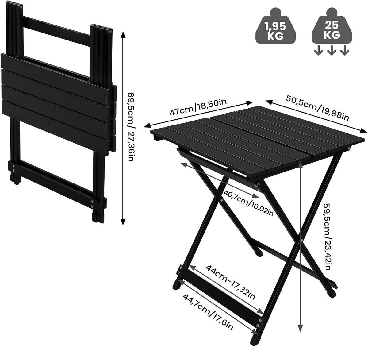 KLAPPTISCH Aluminium 50,5 x 47 x 59,5H cm Schwarz - Schwarz, Metall (47/50.5/59.5cm) - Woltu