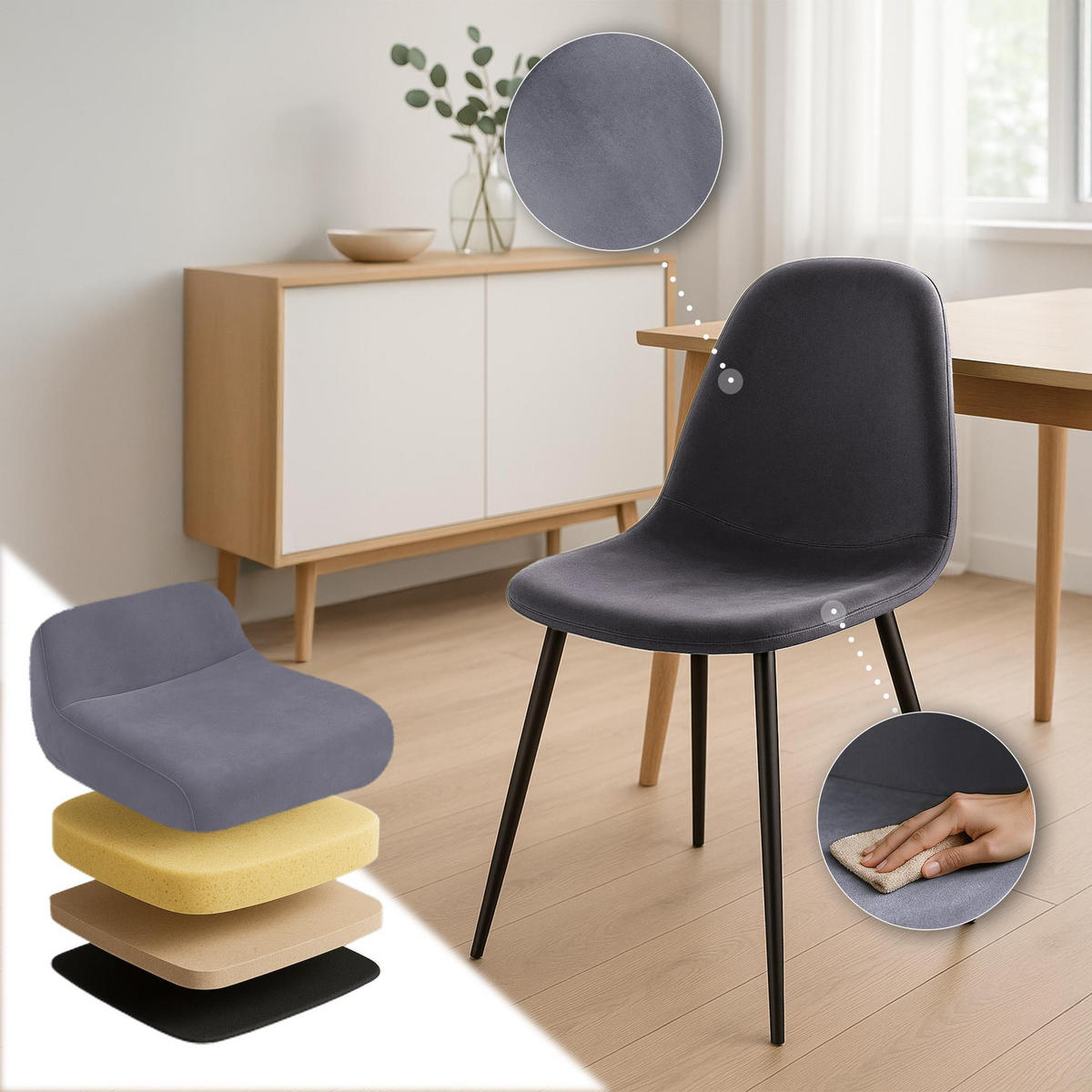 STUHL 4er Set Samt Dunkelgrau - Dunkelgrau/Schwarz, Textil/Metall (44/88/51cm) - CLP