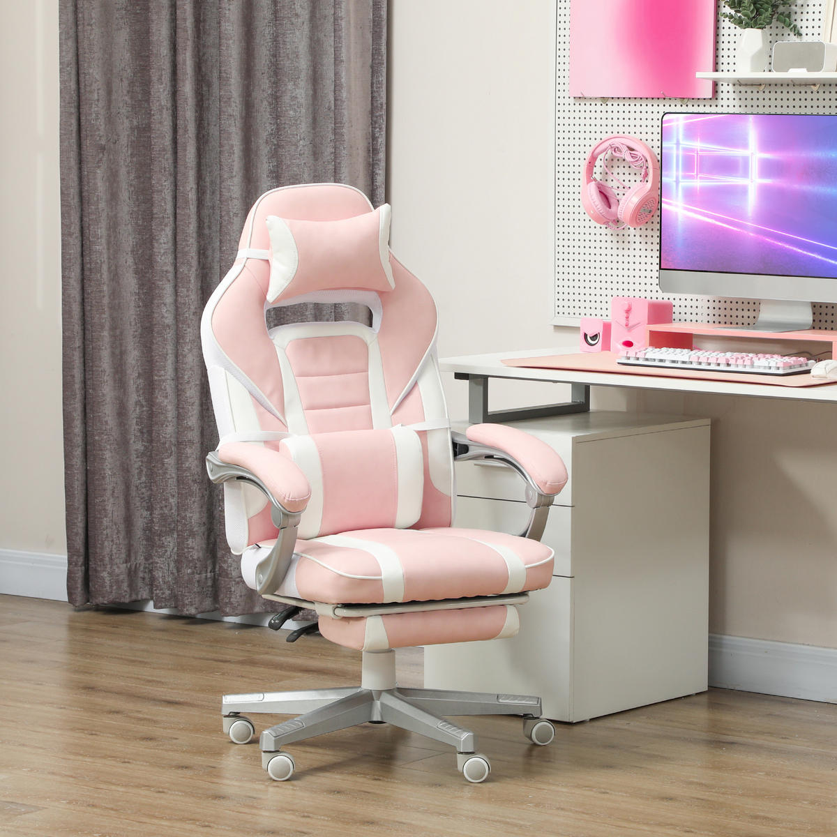 GAMINGSTUHL mit Fußstütze, Kopf- & Lendenkissen, drehbar, höhenverstellbar, Rosa - Rosa, Leder (63/123/63cm) - HOMCOM