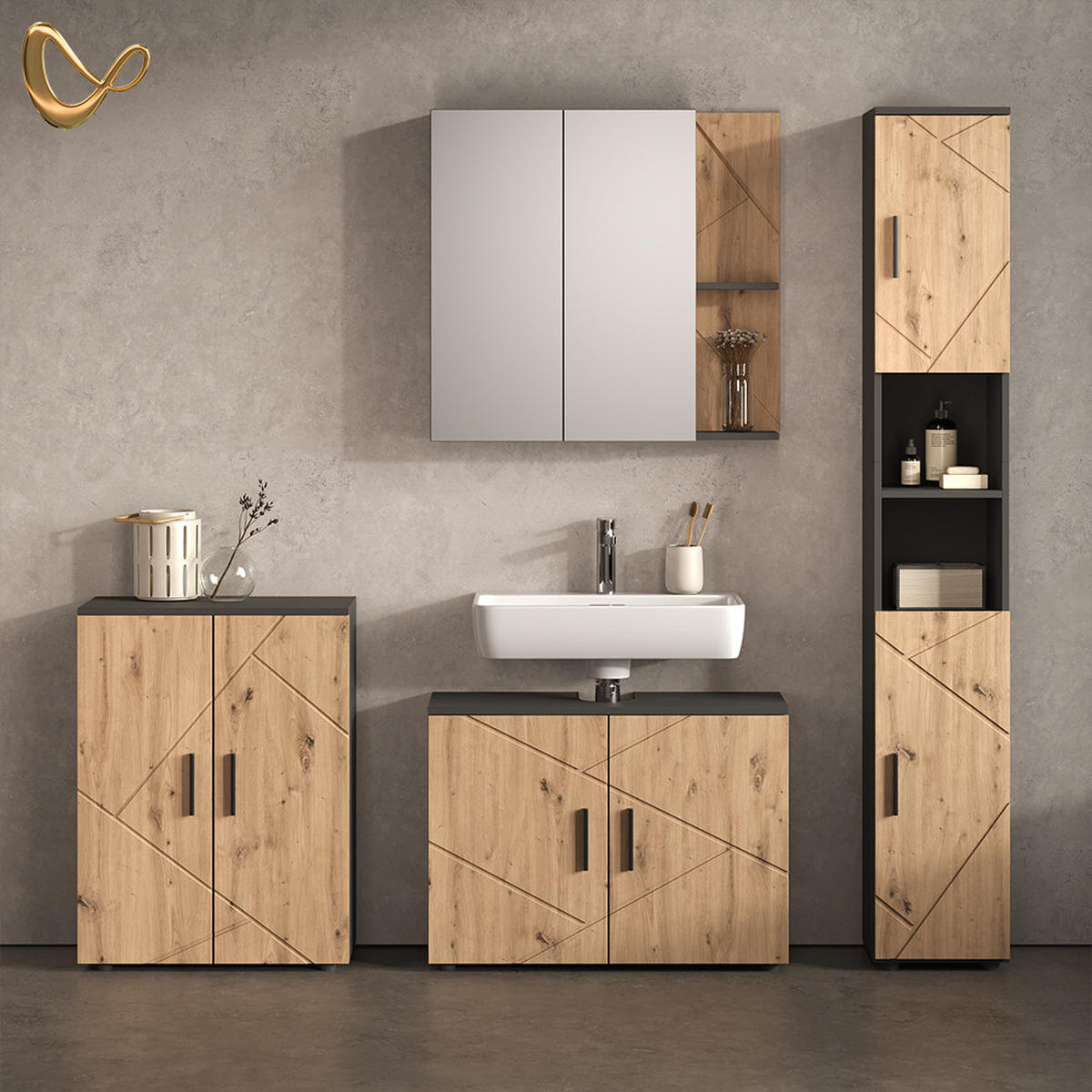 WASCHTISCHUNTERSCHRANK Ronco, Anthrazit/Artisan-Eiche, 80 x 59 cm mit 2 Türen - Anthrazit/Eiche Artisan, Holzwerkstoff (80/59/30cm) - Livinity®