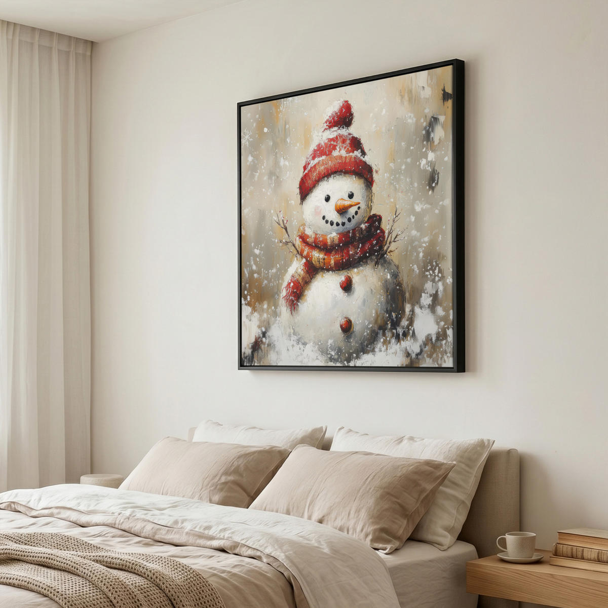 LEINWAND Bilder mit Rahmen - Schneemann - Winter - Schnee - Beige - 90x90 - Weiß, Textil (90/90cm) - MuchoWow