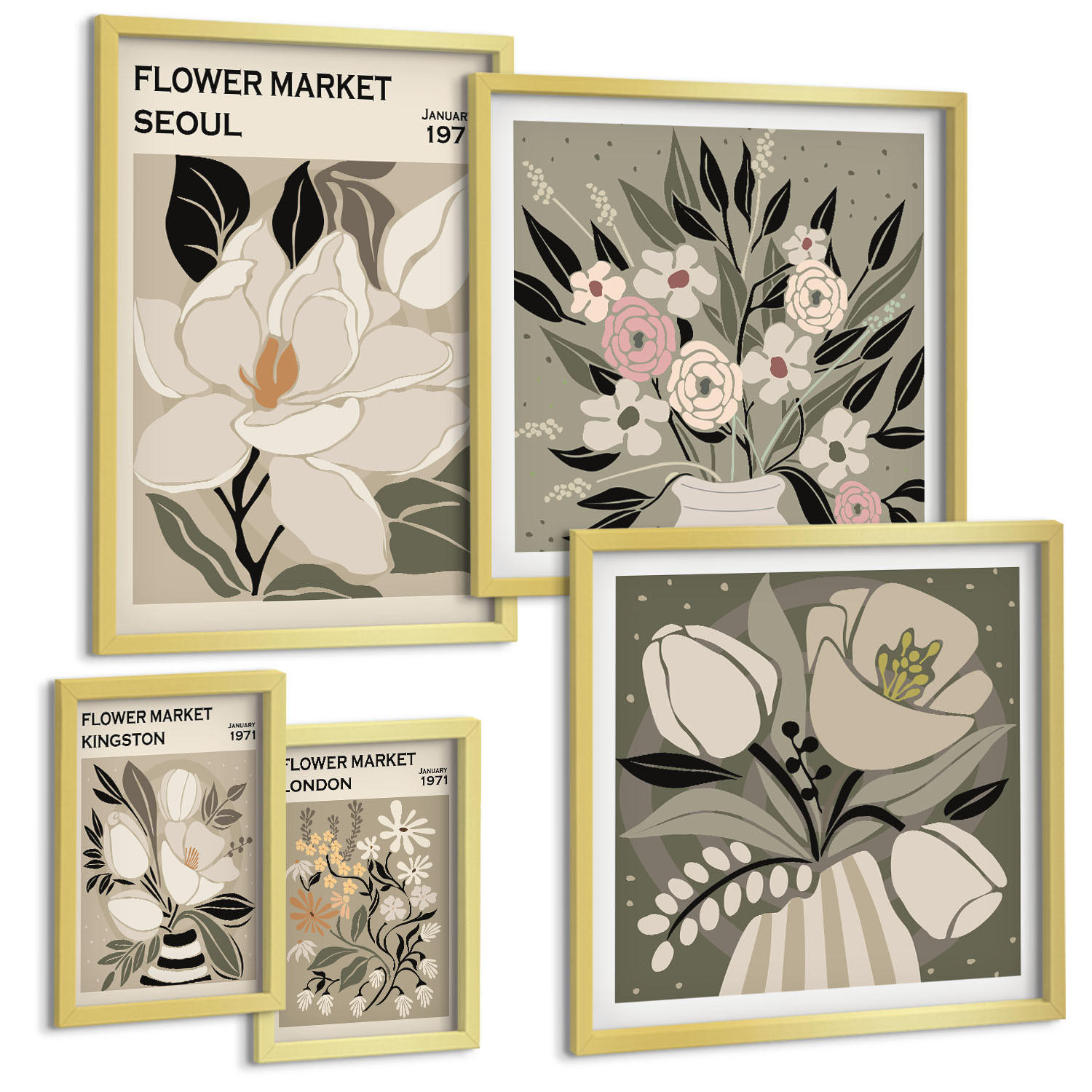 BILDER SET 5er Set - 50x50 cm & 20x30 cm & 40x60 cm Goldrahmen - Retro-Blumen aus Städten rund um die Welt - Goldfarben, Kunststoff (40/60cm) - TULUP