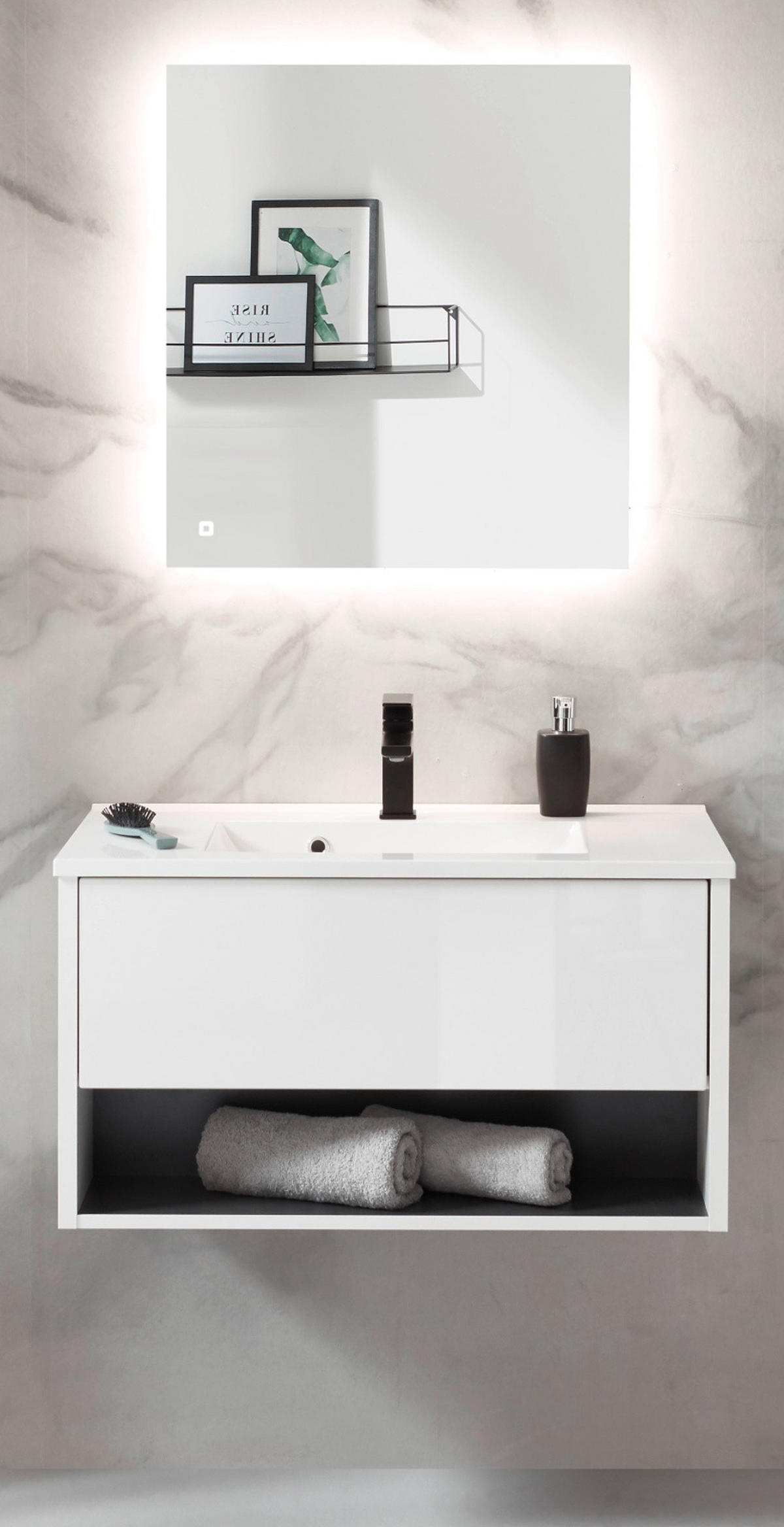 BADMÖBEL Set in weiß Hochglanz und grau mit Waschbecken und LED Beleuchtung 80 x 190 cm Glide - Weiß Hochglanz/Grau, Glas/Holzwerkstoff (80/190/47cm) - Furn.Design