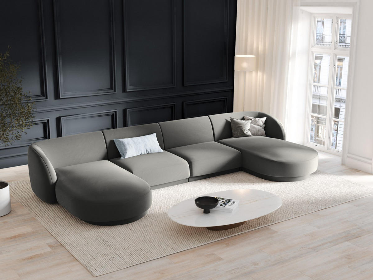 PANORAMASOFA Miley aus Samt hellgrau 5 Sitzplätze - Hellgrau, Textil (156/70/330cm) - Micadoni