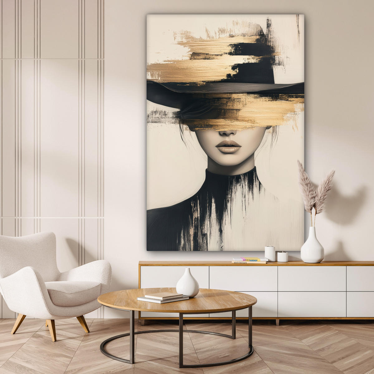 LEINWANDBILD Frau - Hut - Farbe 90x140 cm - Goldfarben, Textil (90/140cm) - MuchoWow