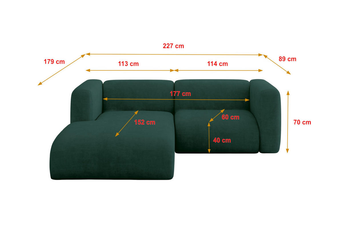 ECKSOFA Ottomane Links MIRA-L1 227x179x89 Grün Velours - Dunkelgrün/Schwarz, Holzwerkstoff/Kunststoff (227/179cm) - ALTDECOR