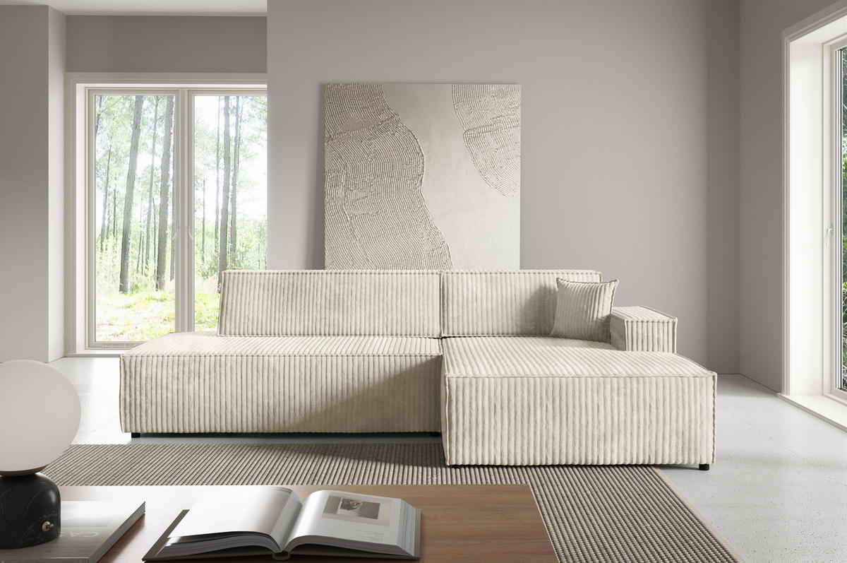 ECKSOFA TESSO R-S Creme Kordstoff mit Schlaffunktion - Creme, Holz (247/170cm) - MASSENO