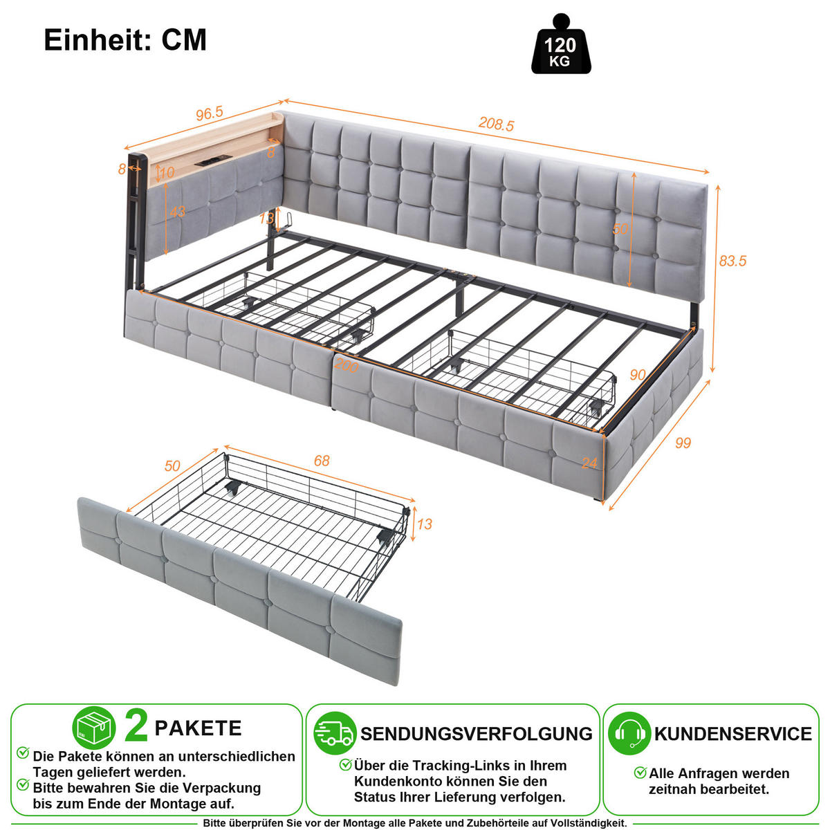 SCHLAFSOFA 90/200 cm in Grau mit 2 Schubladen, LED, USB und Type-C - Hellgrau, Holzwerkstoff/Textil (90/200cm) - CHICFURN