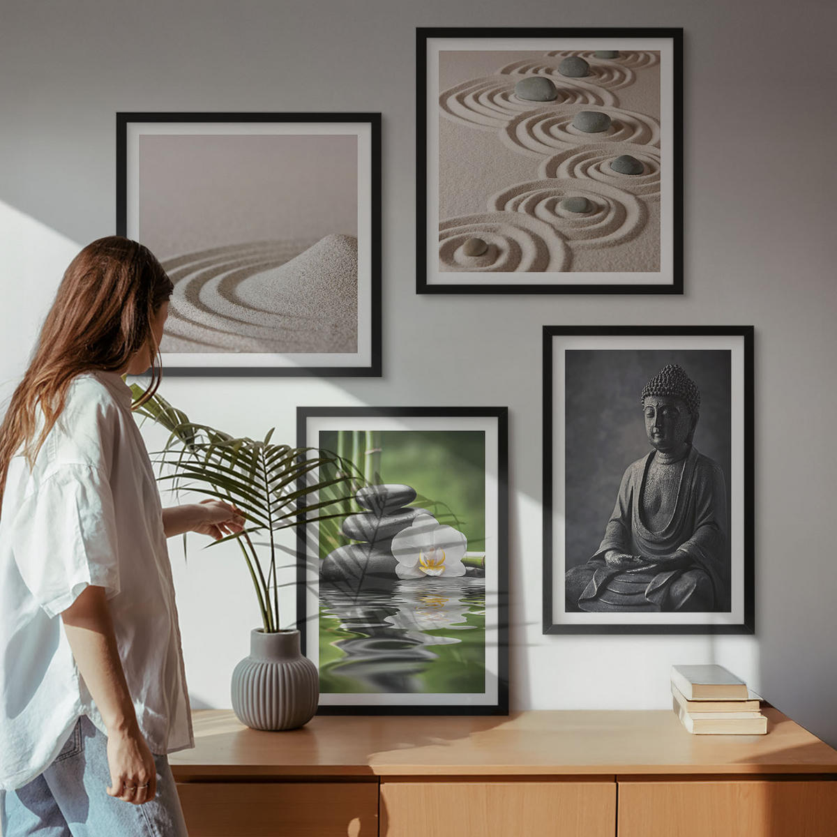WANDBILDER 4er-Set - 50x50 cm & 40x60 cm Schwarzer Rahmen - Ein entspannter Buddha am Strand - Schwarz, Kunststoff (50/50cm) - ArtPrintCave