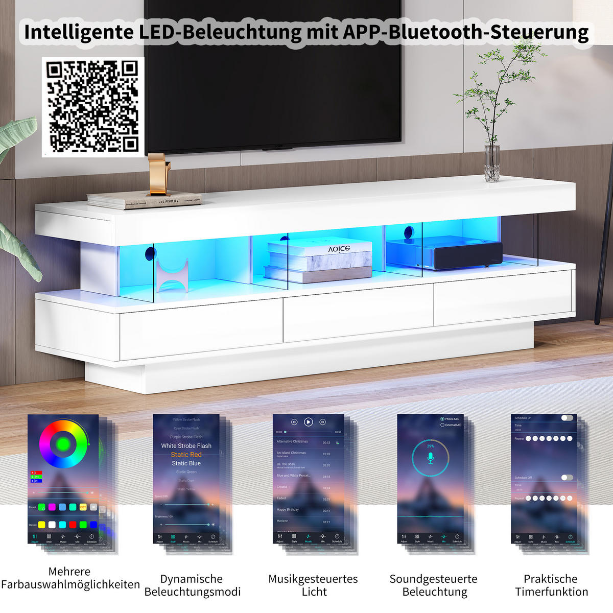 TV-SCHRANK weiß mit Hochglanzoberfläche, App-gesteuerter LED-Beleuchtung und Glasfächern 160 × 38 × 50,5 cm - Weiß, Holzwerkstoff (160/50.5/38cm) - Luhomfu